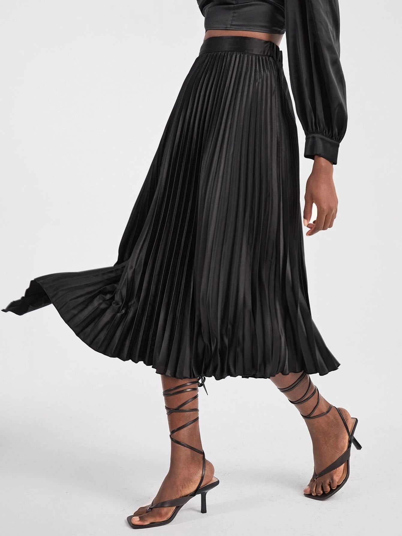 CM-BS477198 Women Elegant Seoul Style Asymmetrical Hem Pleated Skirt - Black