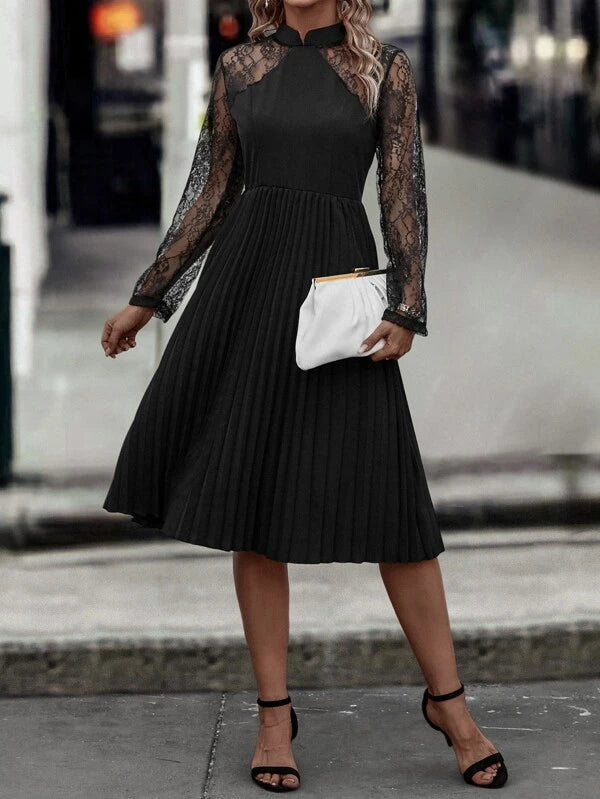CM-DS696654 Women Elegant Seoul Style Contrast Lace Pleated Hem Dress - Black