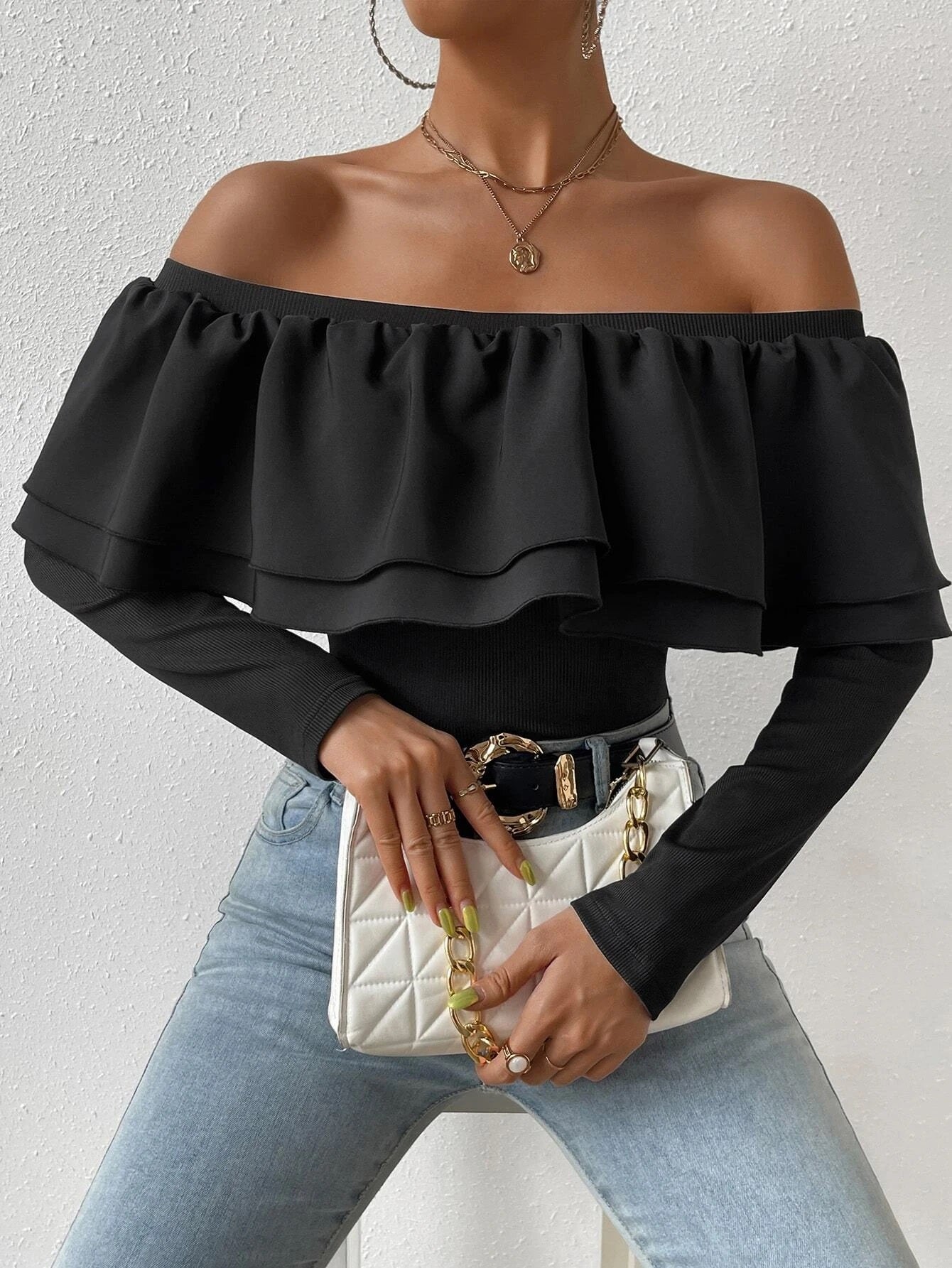 CM-TS645965 Women Casual Seoul Style Off Shoulder Exaggerated Ruffle Bodysuit