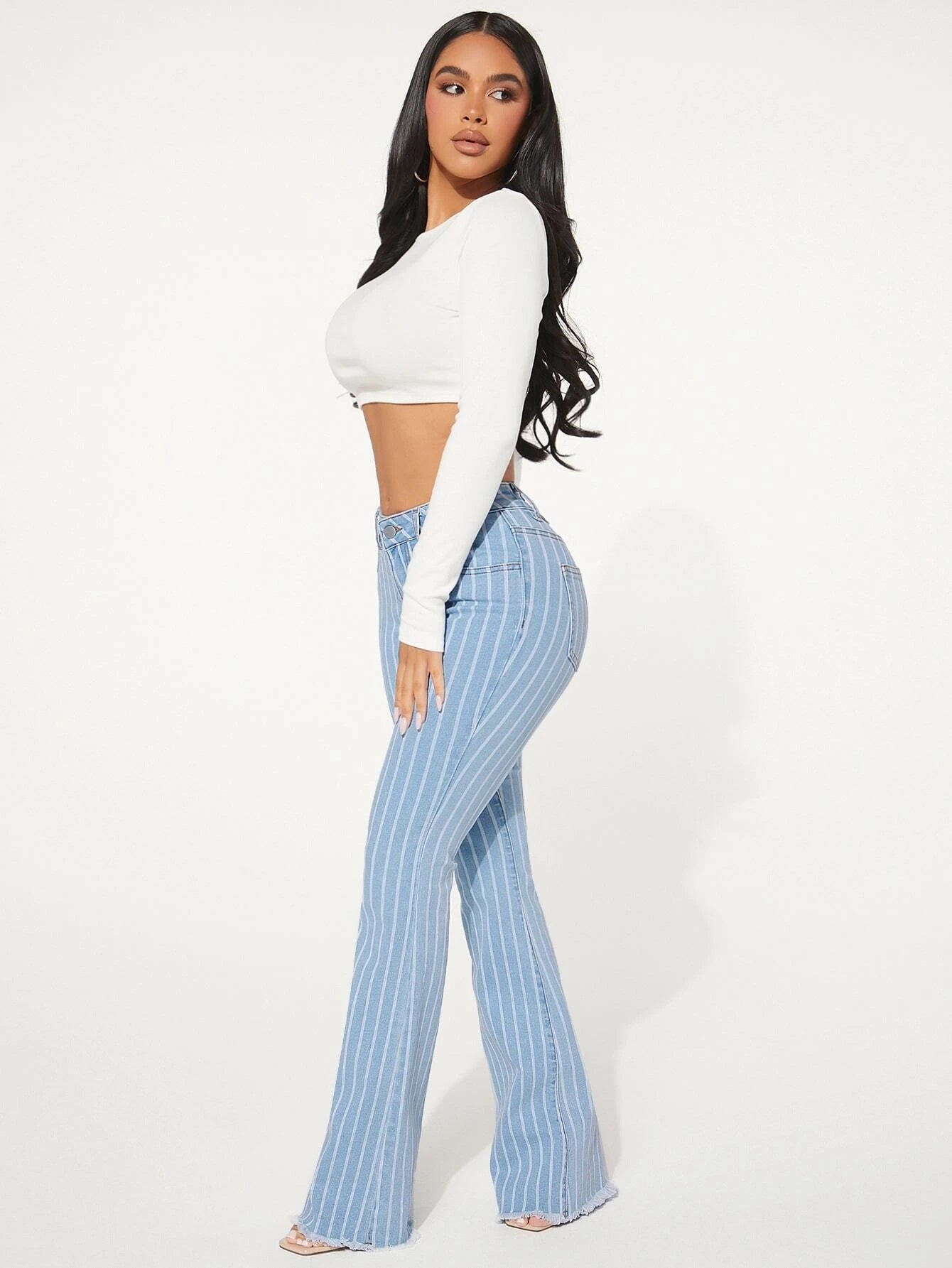 CM-BS342093 Women Preppy Seoul Style Light Wash Drop Waist Striped Pattern Flare Leg Jeans