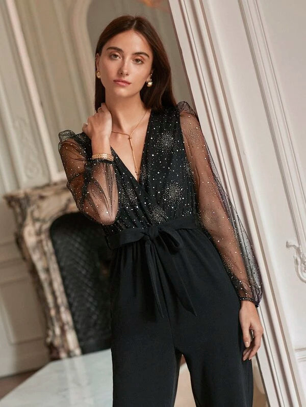 CM-JS947474 Women Elegant Seoul Style Contrast Mesh Puff Sleeve Belted Jumpsuit