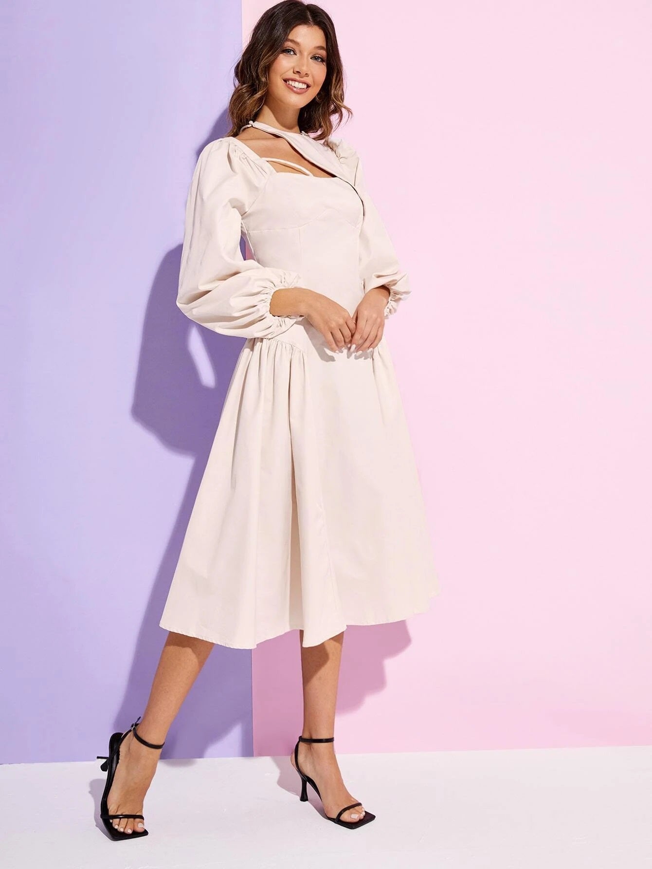 CM-DS214721 Women Casual Seoul Style Asymmetrical Neck Bishop Sleeve Flared Hem Dress