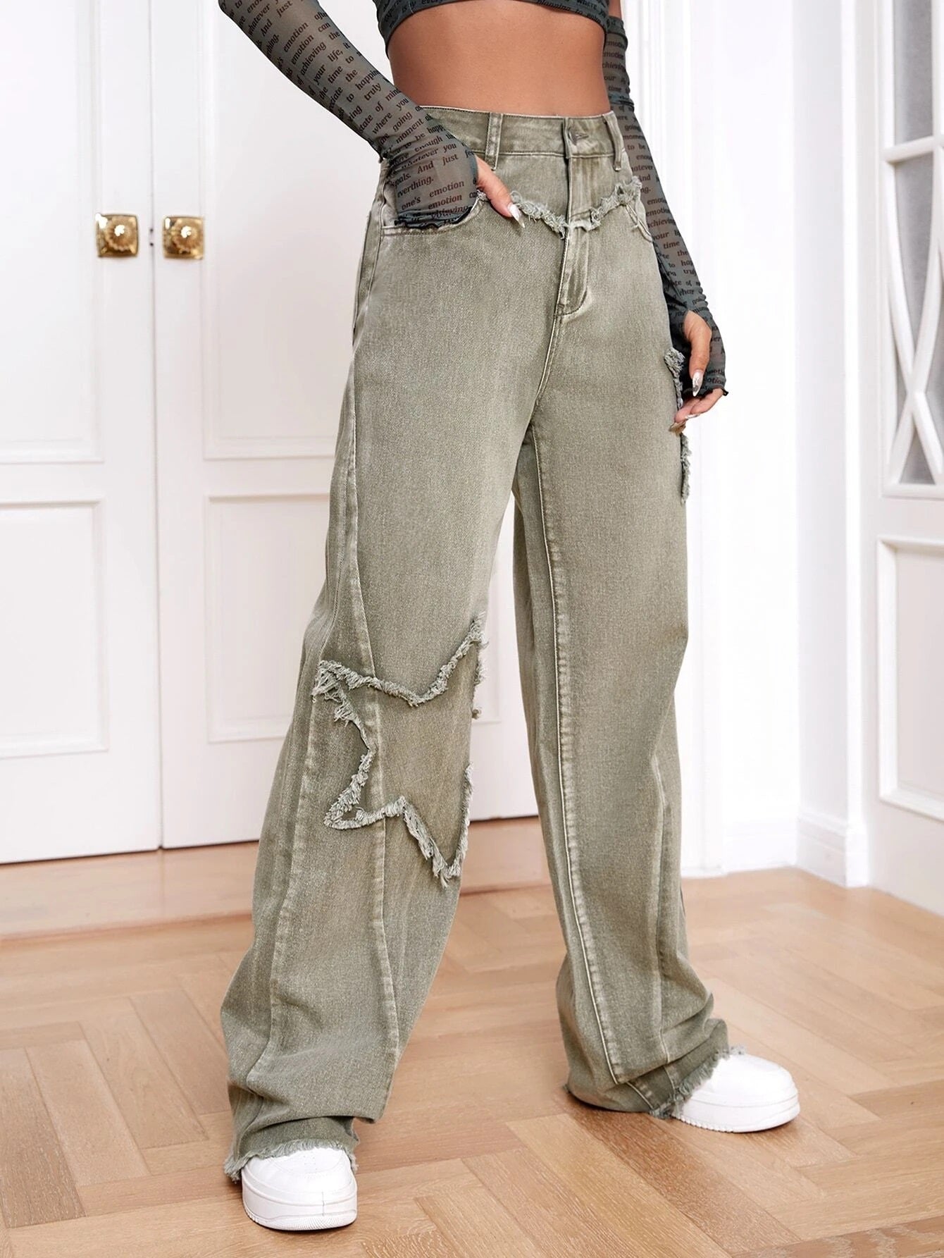 CM-BS900191 Women Casual Seoul Style High Waist Raw Trim Wide Leg Jeans - Army Green