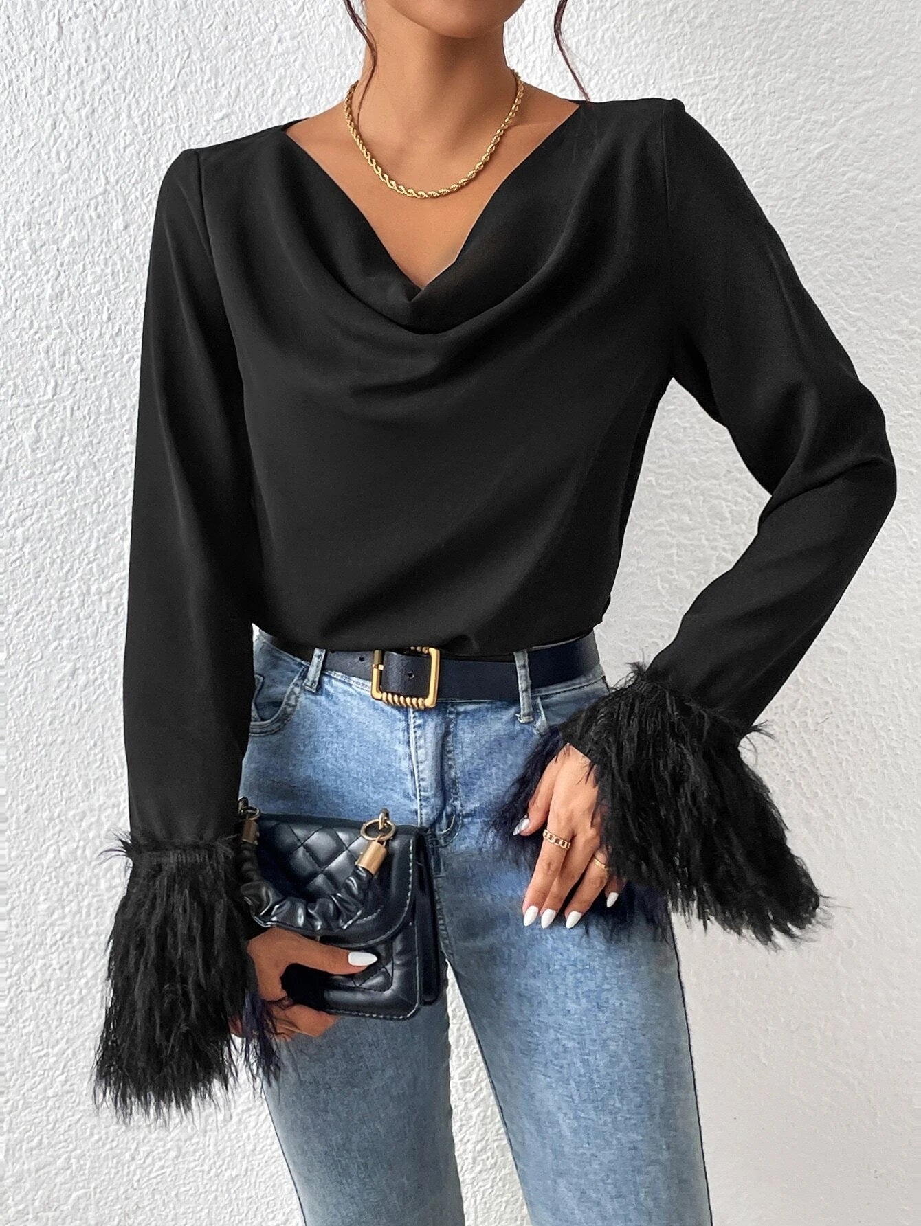 CM-TS420671 Women Elegant Seoul Style Draped Collar Fuzzy Cuff Blouse - Black