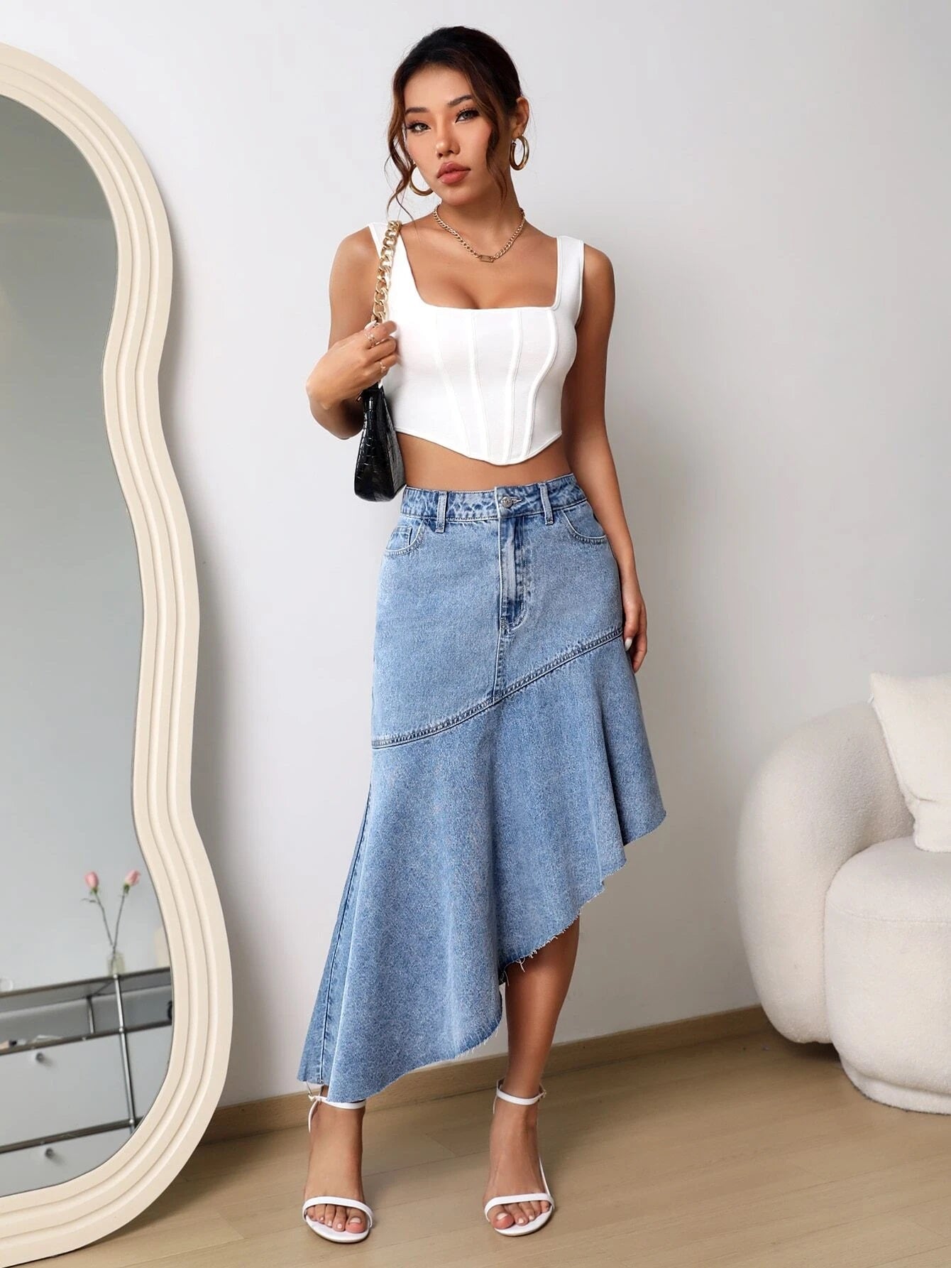 CM-BS433511 Women Preppy Seoul Style High Waist Asymmetrical Raw Hem Denim Skirt