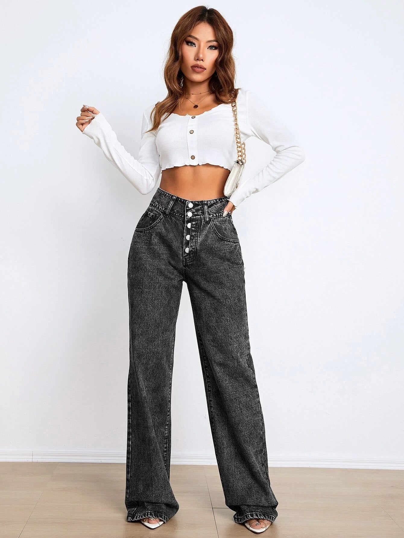 CM-BS607517 Women Preppy Seoul Style High Waist Button Fly Straight Leg Jeans