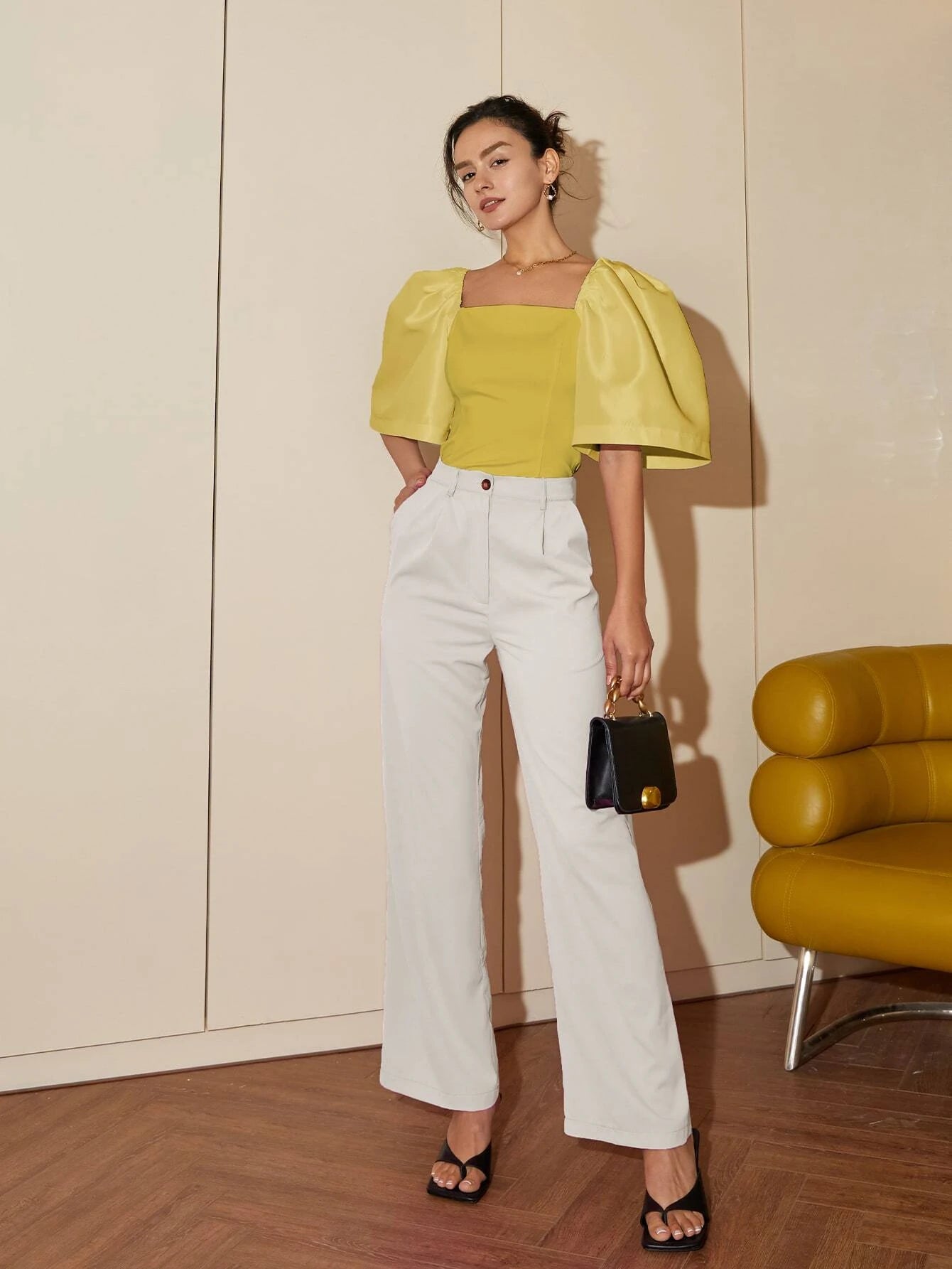 CM-TS744664 Women Elegant Seoul Style Square Neck Puff Sleeve Blouse - Mustard Yellow