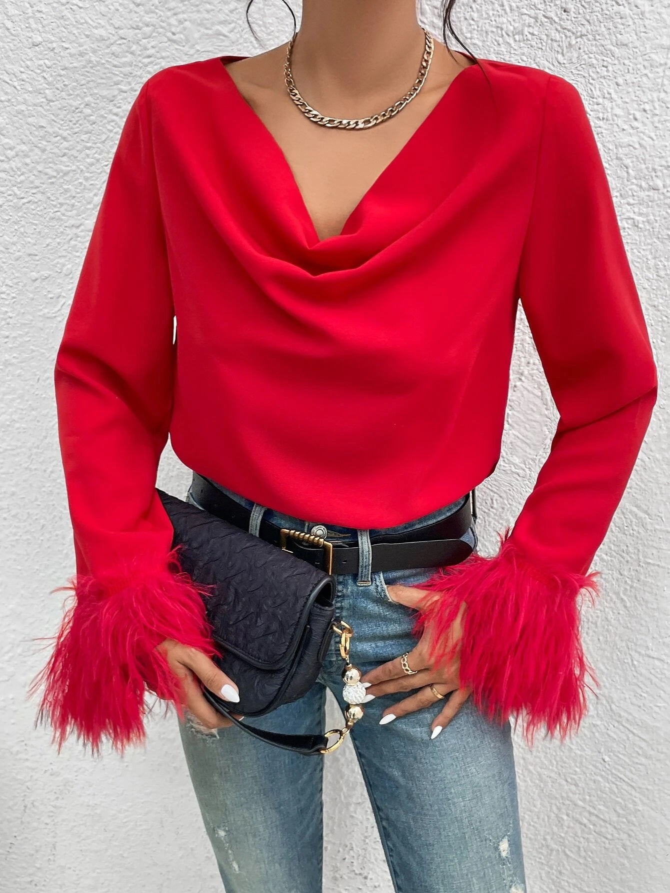 CM-TS875687 Women Elegant Seoul Style Draped Collar Fuzzy Cuff Blouse - Red