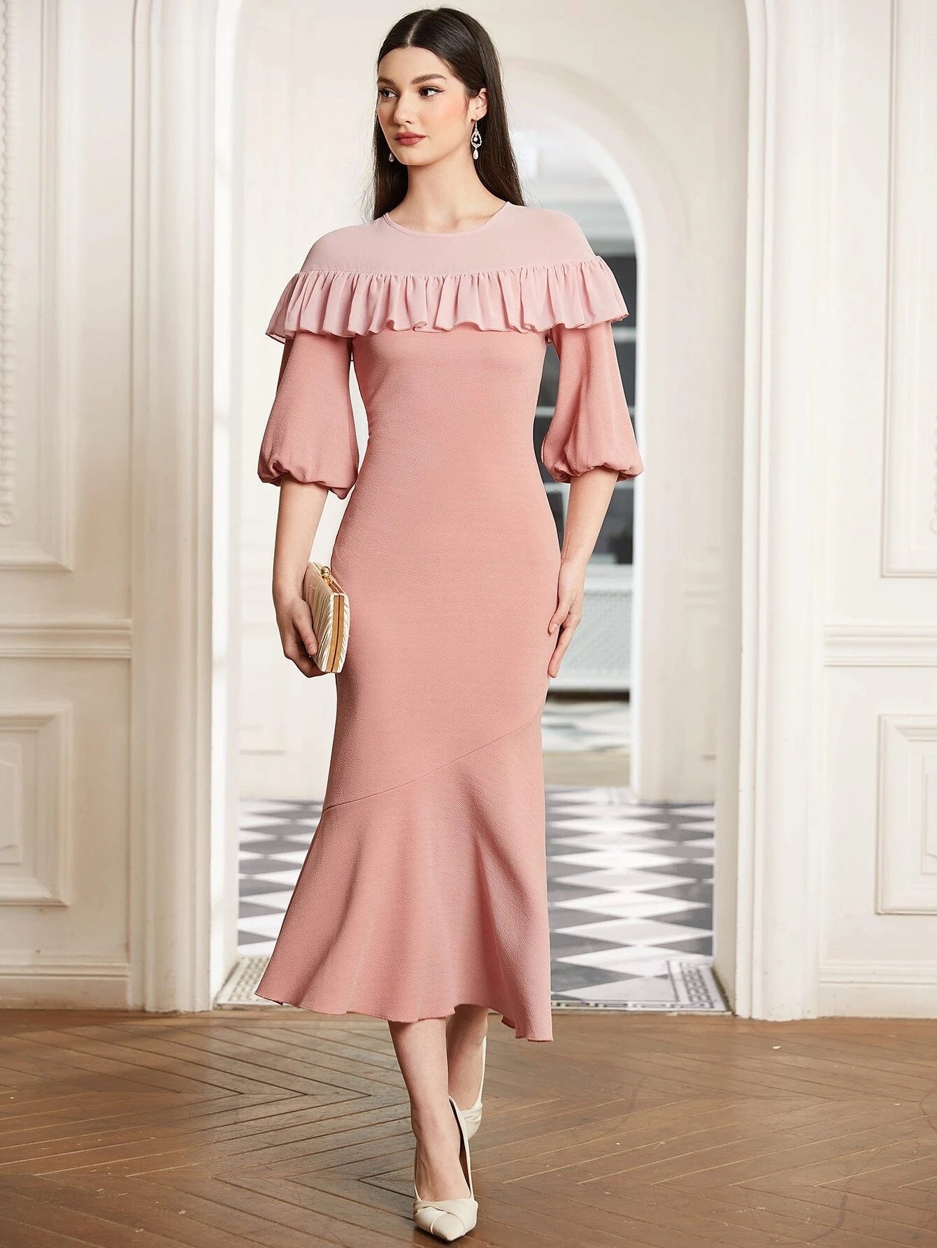 CM-DS247020 Women Elegant Seoul Style Ruffle Trim Lantern Sleeve Mermaid Hem Dress