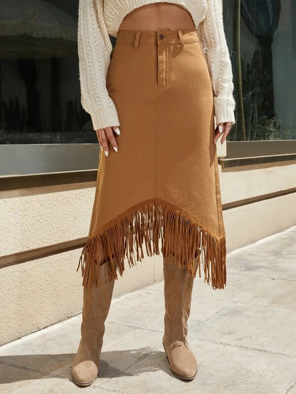 CM-BS750417 Women Trendy Bohemian Style Fringe Hem Denim Skirt - Brown