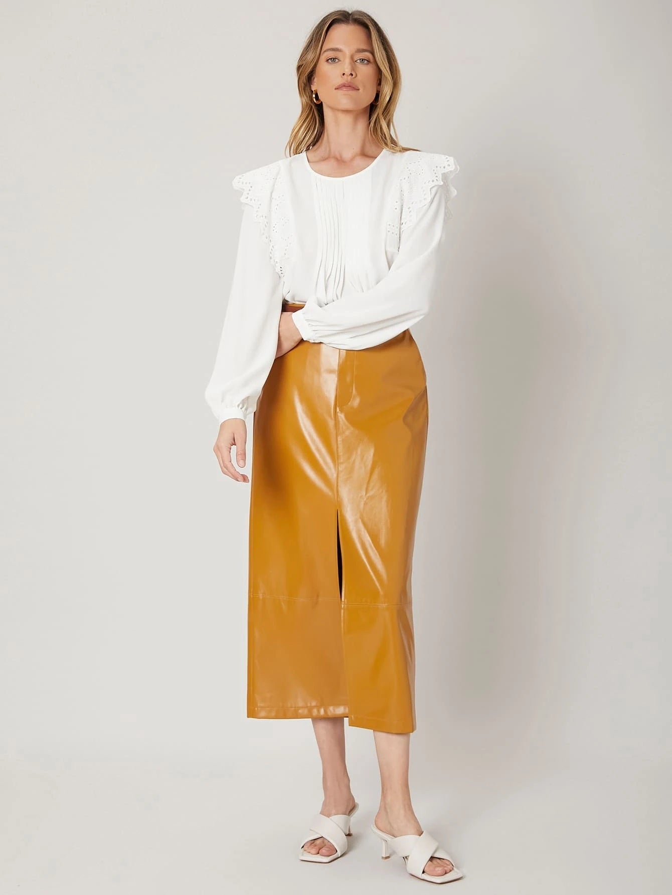 CM-BS940410 Women Elegant Seoul Style High Waist PU Leather Split Skirt - Mustard Yellow