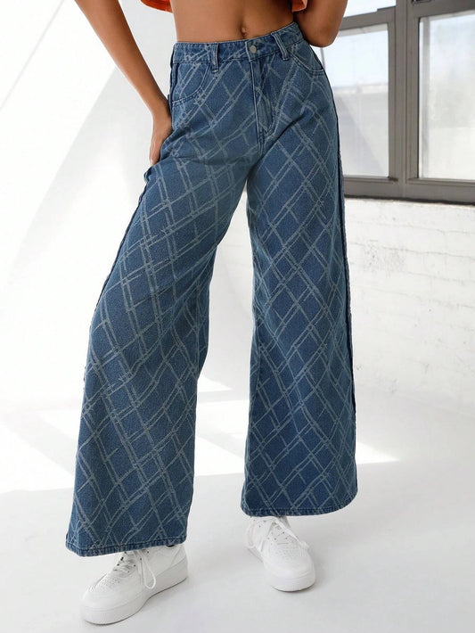 CM-BS353786 Women Preppy Seoul Style Medium Wash Geometric Print Wide Leg Jeans