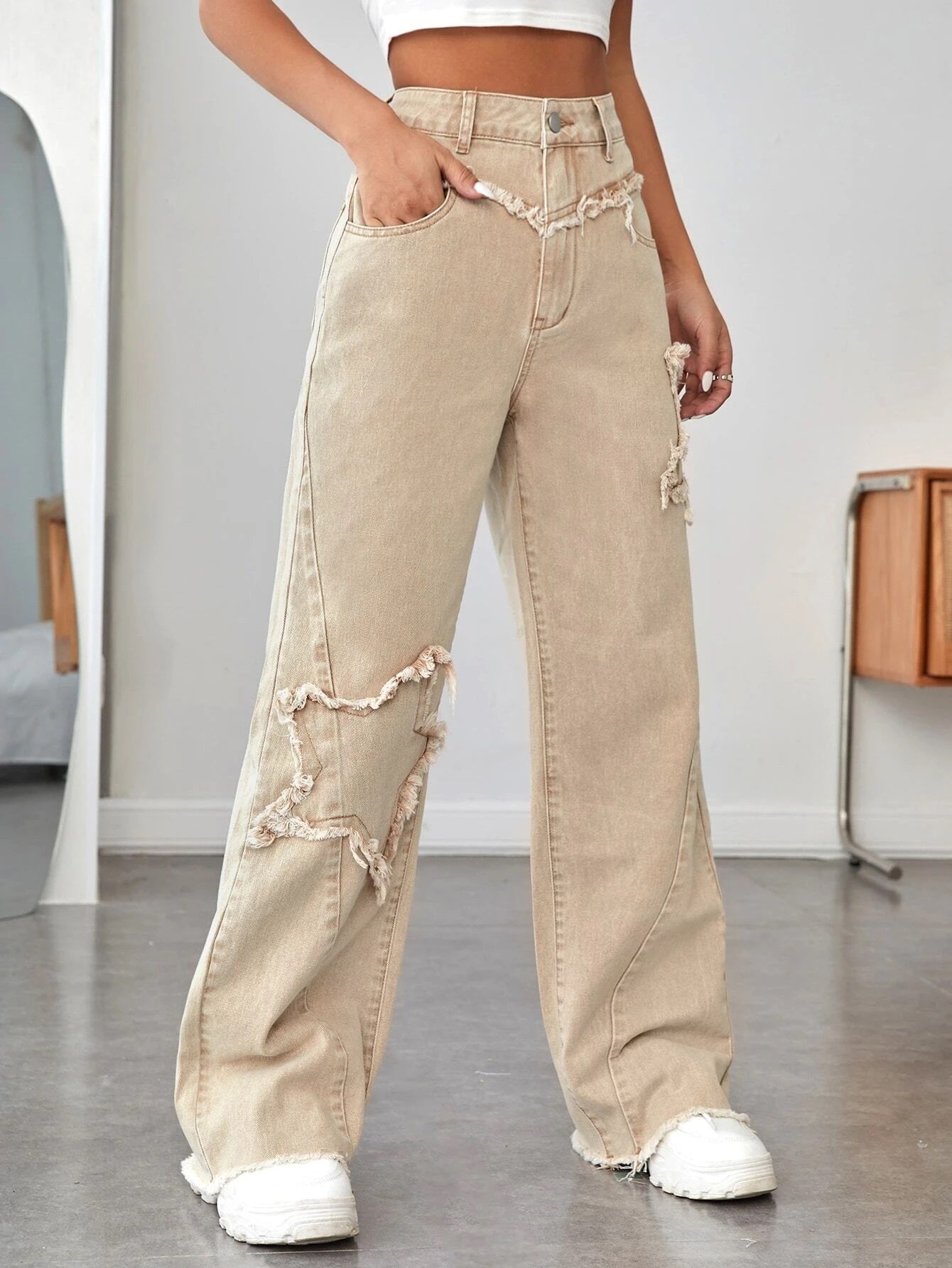 CM-BS161262 Women Casual Seoul Style High Waist Raw Trim Wide Leg Jeans - Khaki