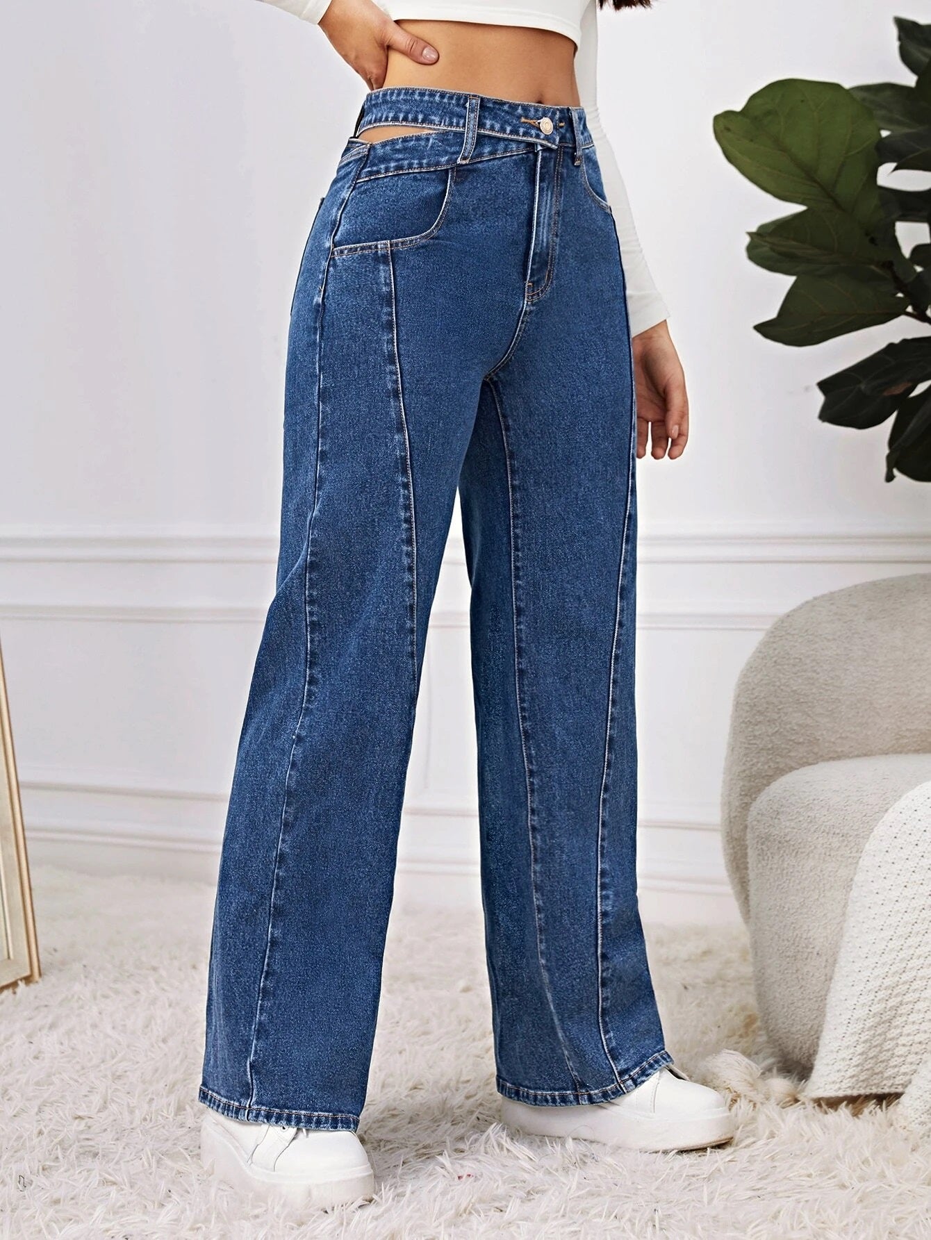 CM-BS402161 Women Casual Seoul Style Dark Wash Cut Out Waist Wide Leg Jeans