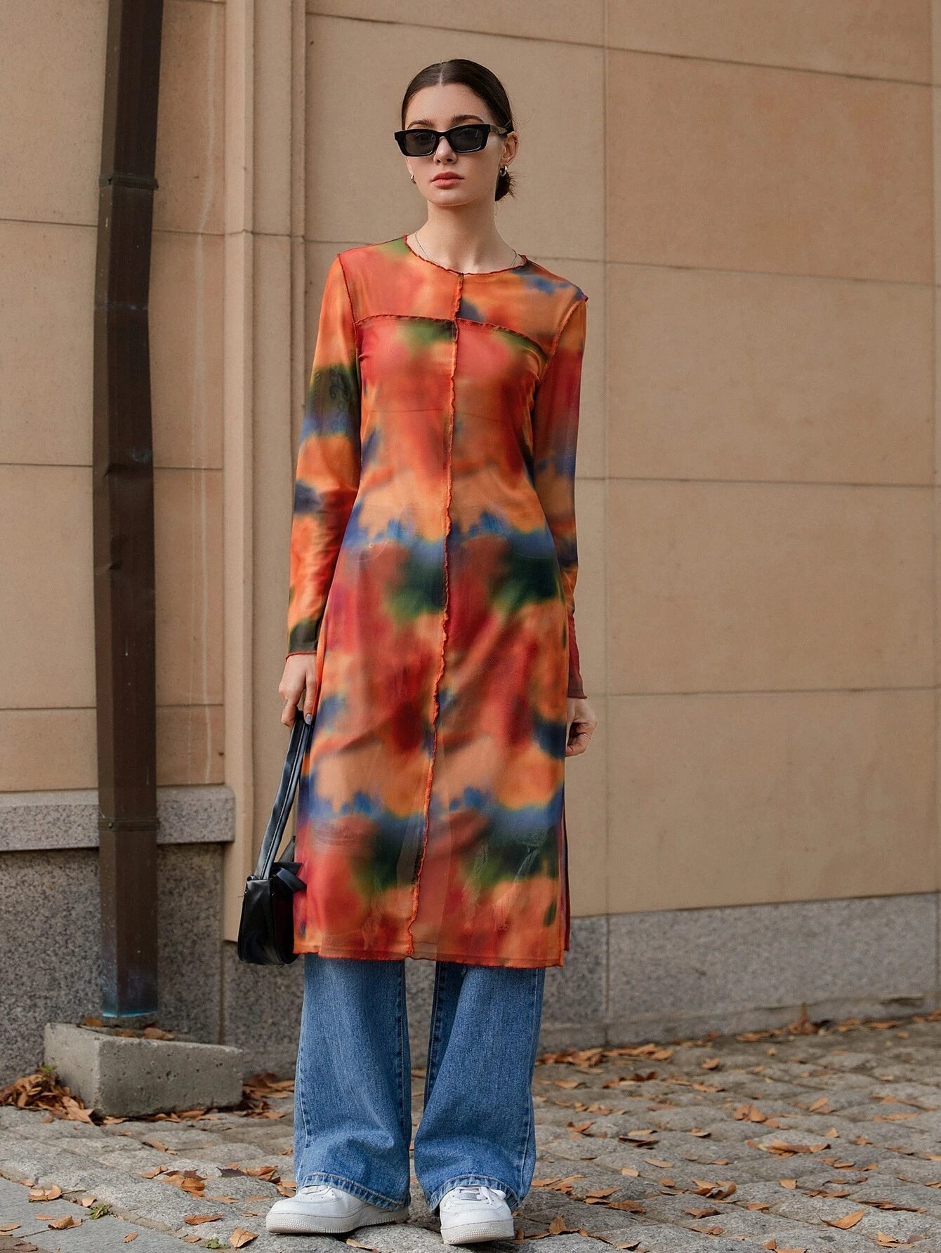 CM-TS133331 Women Casual Seoul Style Round Neck Tie Dye Split Thigh Longline Top