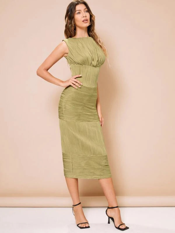 CM-DS150855 Women Elegant Seoul Style Sleeveless Textured Ruched Fitted Dress