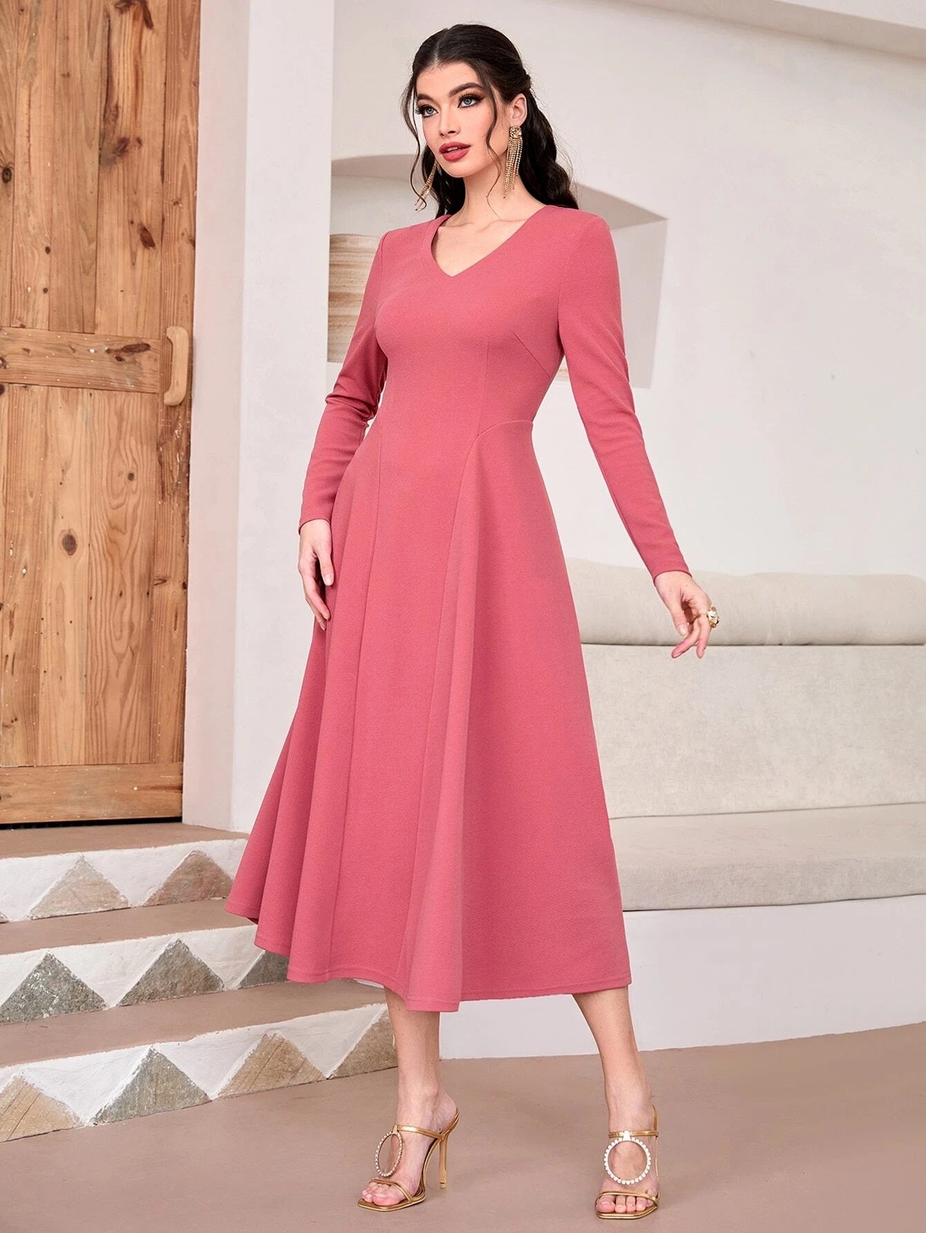 CM-DS961888 Women Elegant Seoul Style V-Neck Long Sleeve Flare Dress - Watermelon Pink