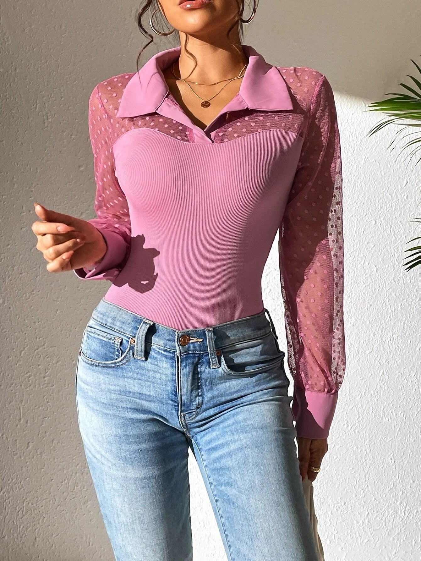CM-TS374742 Women Casual Seoul Style Collar Neckline Dobby Mesh Panel Bodysuit - Hot Pink