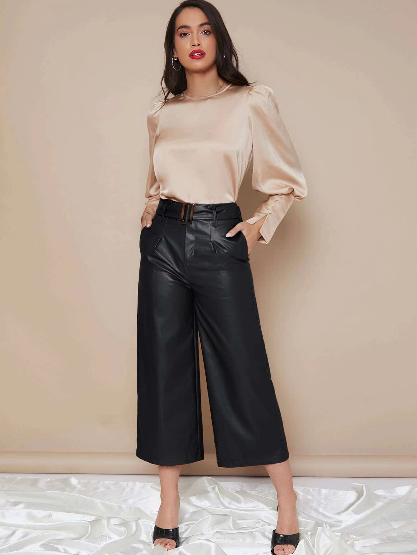 CM-TS021232 Women Elegant Seoul Style Buttoned Cuff Lantern Sleeve Satin Top - Champagne