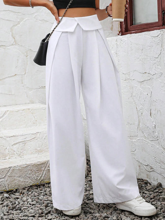 CM-BS526003 Women Elegant Seoul Style Foldover Waist Wide Leg Pants - White