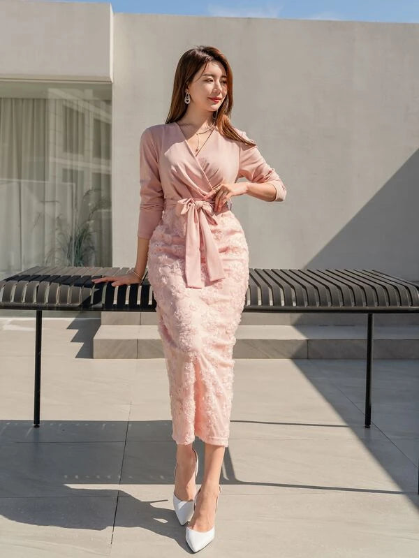 CM-DS788218 Women Elegant Seoul Style Floral Jacquard Split Back Belted Dress - Pink