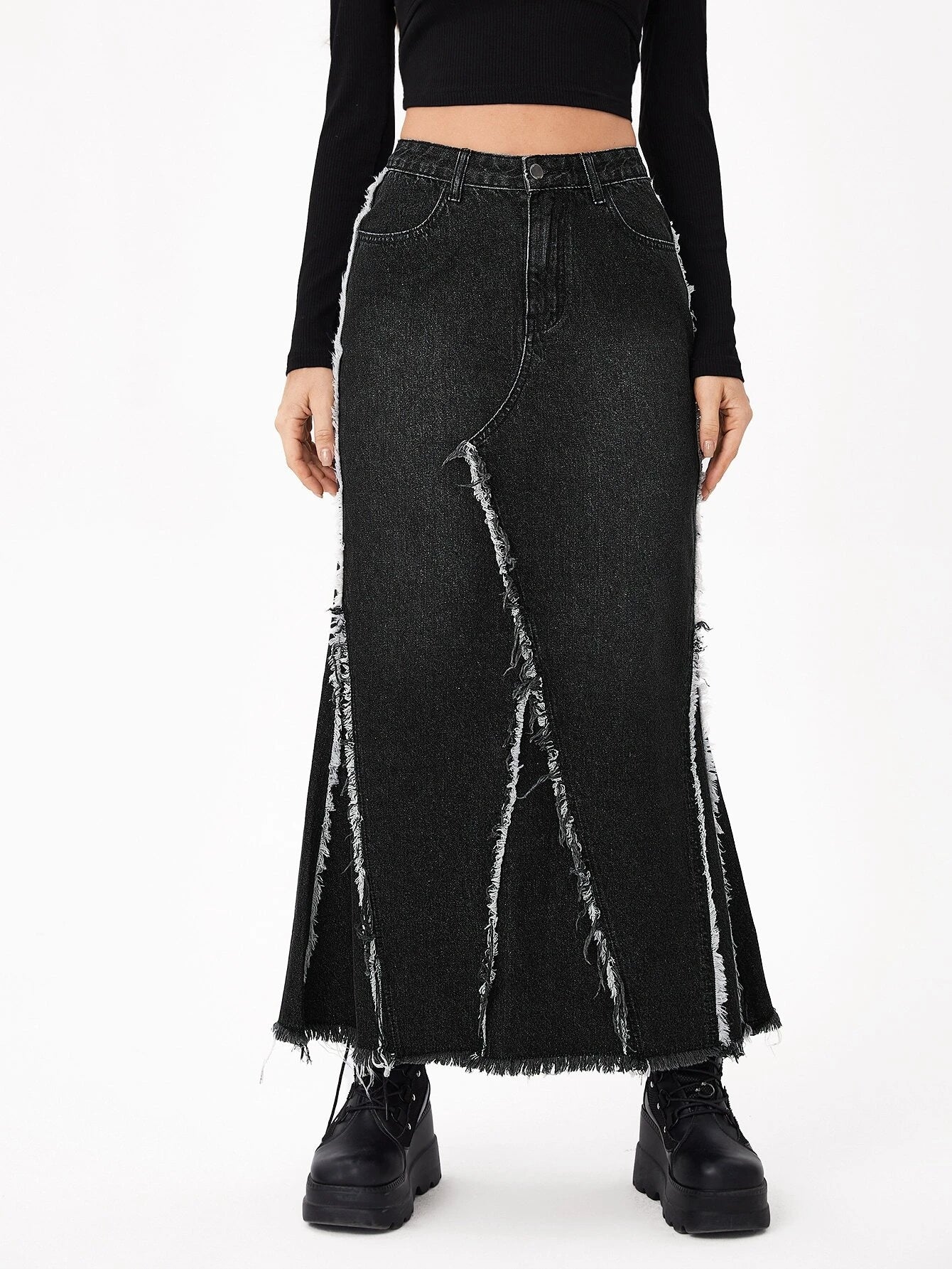 CM-BS787144 Women Casual Seoul Style High Waist Raw Trim Denim Skirt - Black