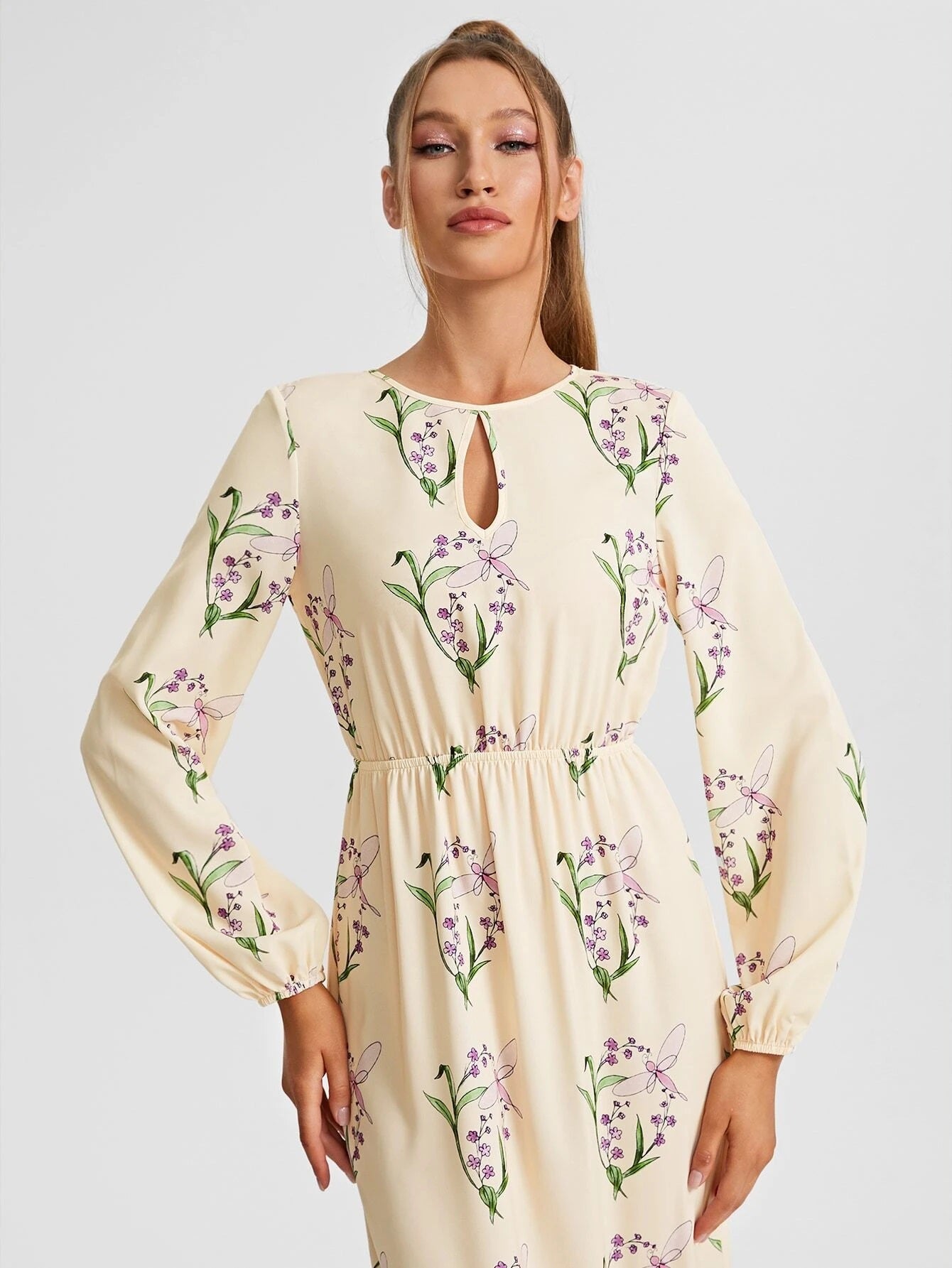 CM-DS552858 Women Casual Seoul Style Floral Print Keyhole Neck Lantern Sleeve Ruffle Hem Dress