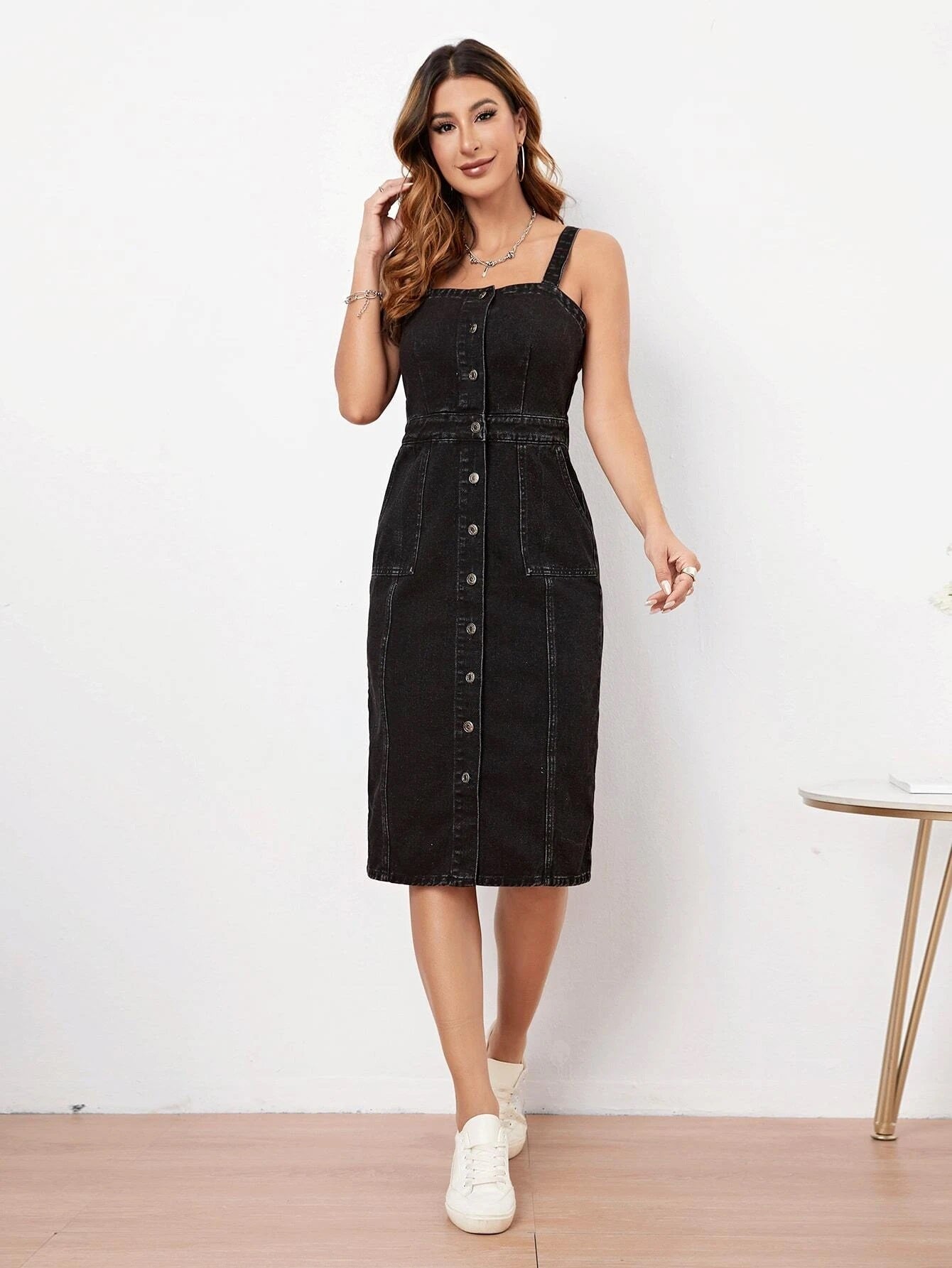 CM-DS242414 Women Preppy Seoul Style Sleeveless Button Front Denim Dress - Black