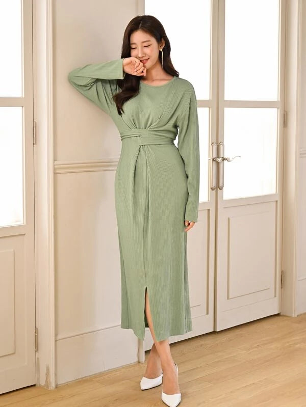 CM-DS441900 Women Casual Seoul Style Drop Shoulder Split Hem Belted Dress - Lime Green