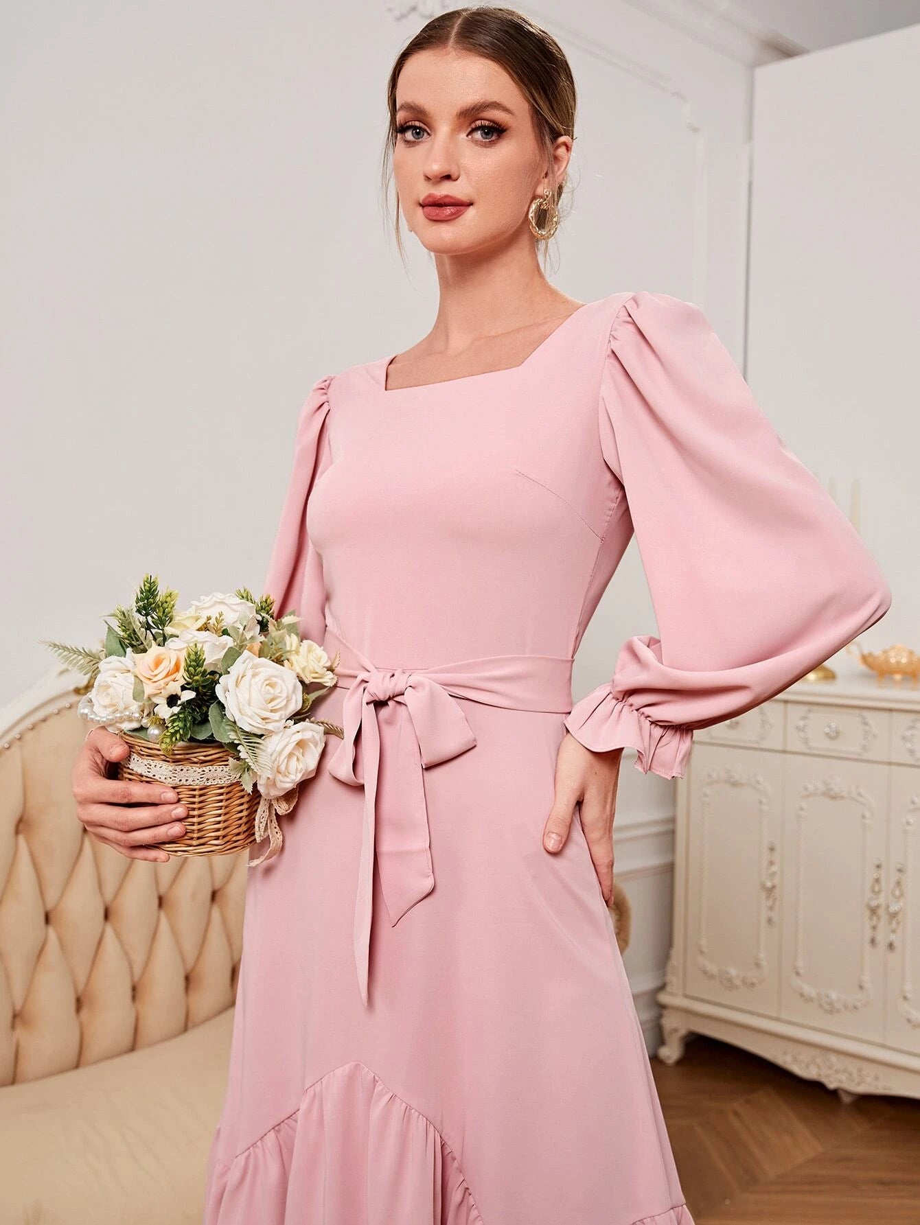 CM-DS368266 Women Elegant Seoul Style Square Neck Flounce Sleeve Ruffle Hem Belted Dress