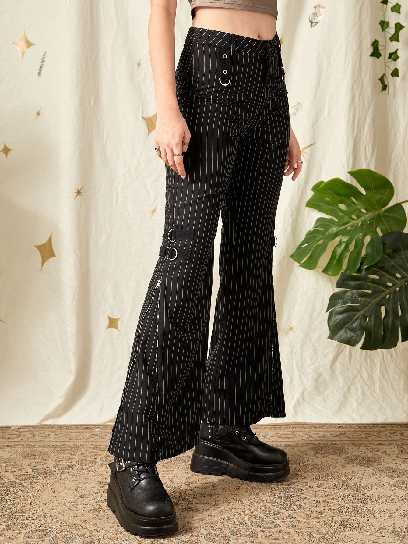 CM-BS907601 Women Elegant Seoul Style Striped Button Detail Flare Leg Pants - Black