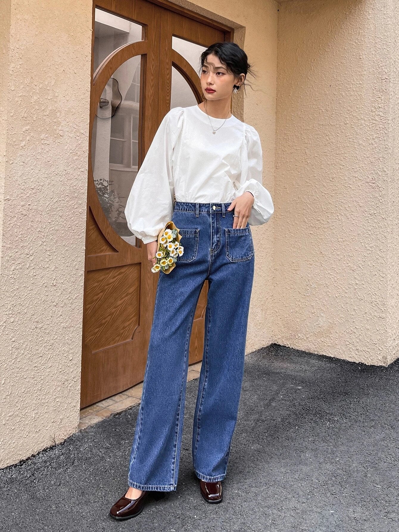 CM-BS672088 Women Casual Seoul Style High Waist Dual Pocket Straight Leg Jeans