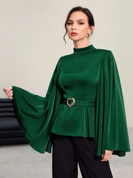 CM-TS194601 Women Elegant Seoul Style Mock Neck Trumpet Sleeve Belted Satin Blouse
