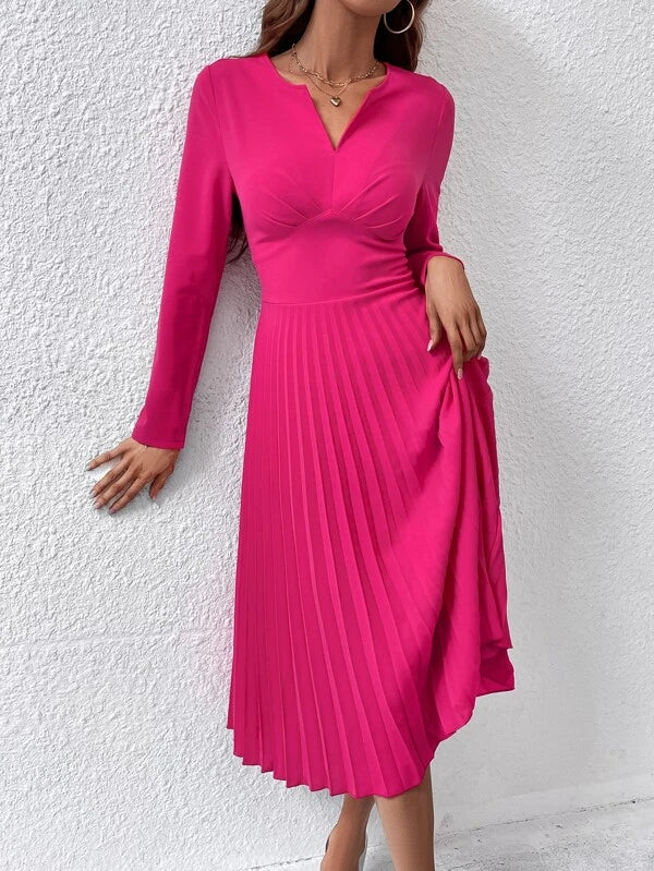 CM-DS121286 Women Elegant Seoul Style Sleeveless Notched Neckline Pleated Hem Dress