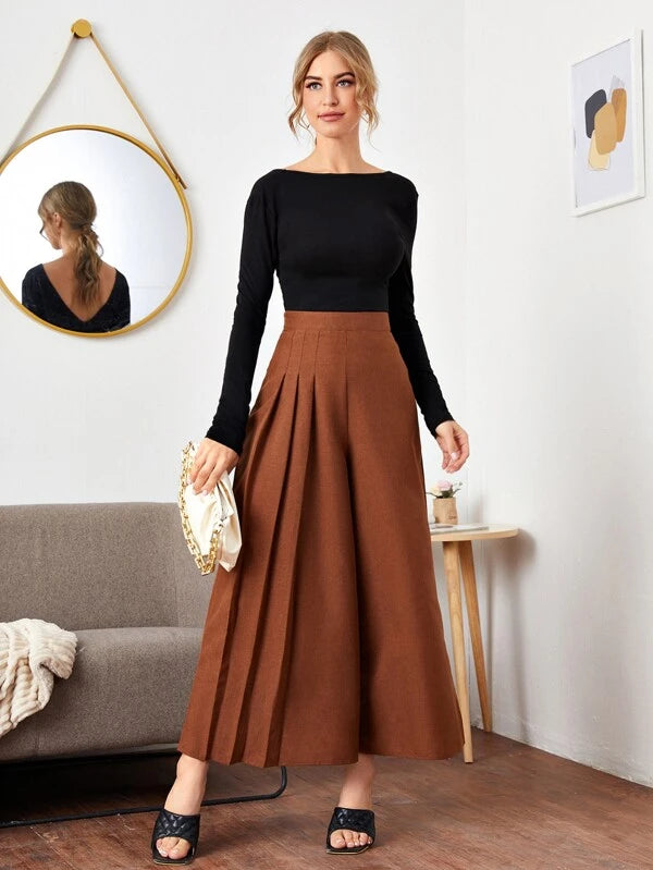 CM-BS903850 Women Elegant Seoul Style Fold Pleated Detail Wide Leg Pants - Rust Brown