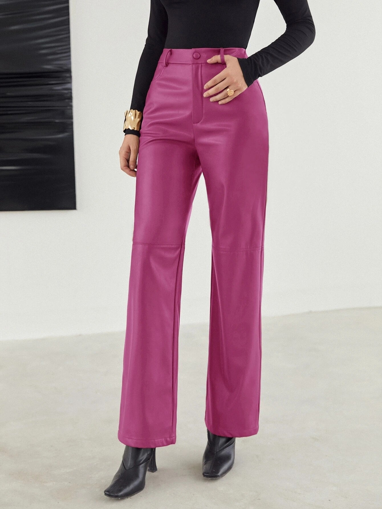 CM-BS237363 Women Elegant Seoul Style Zipper Fly Palazzo PU Pants - Hot Pink