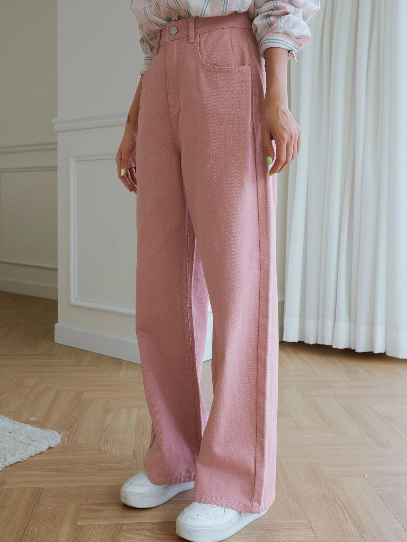 CM-BS431016 Women Casual Seoul Style High Waist Wide Leg Jeans - Pink