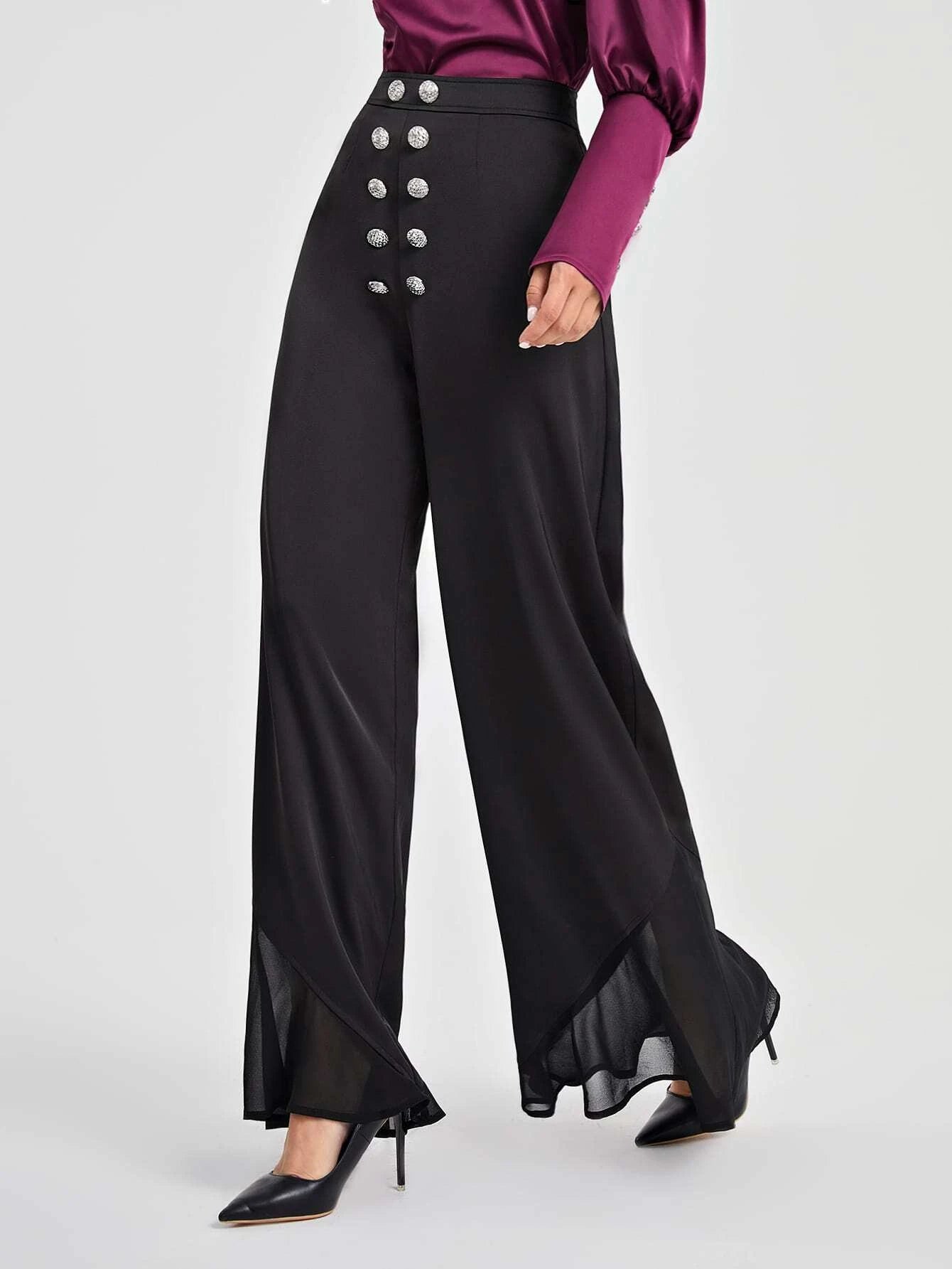 CM-BS065056 Women Elegant Seoul Style Double Button Front Wide Leg Pants - Black