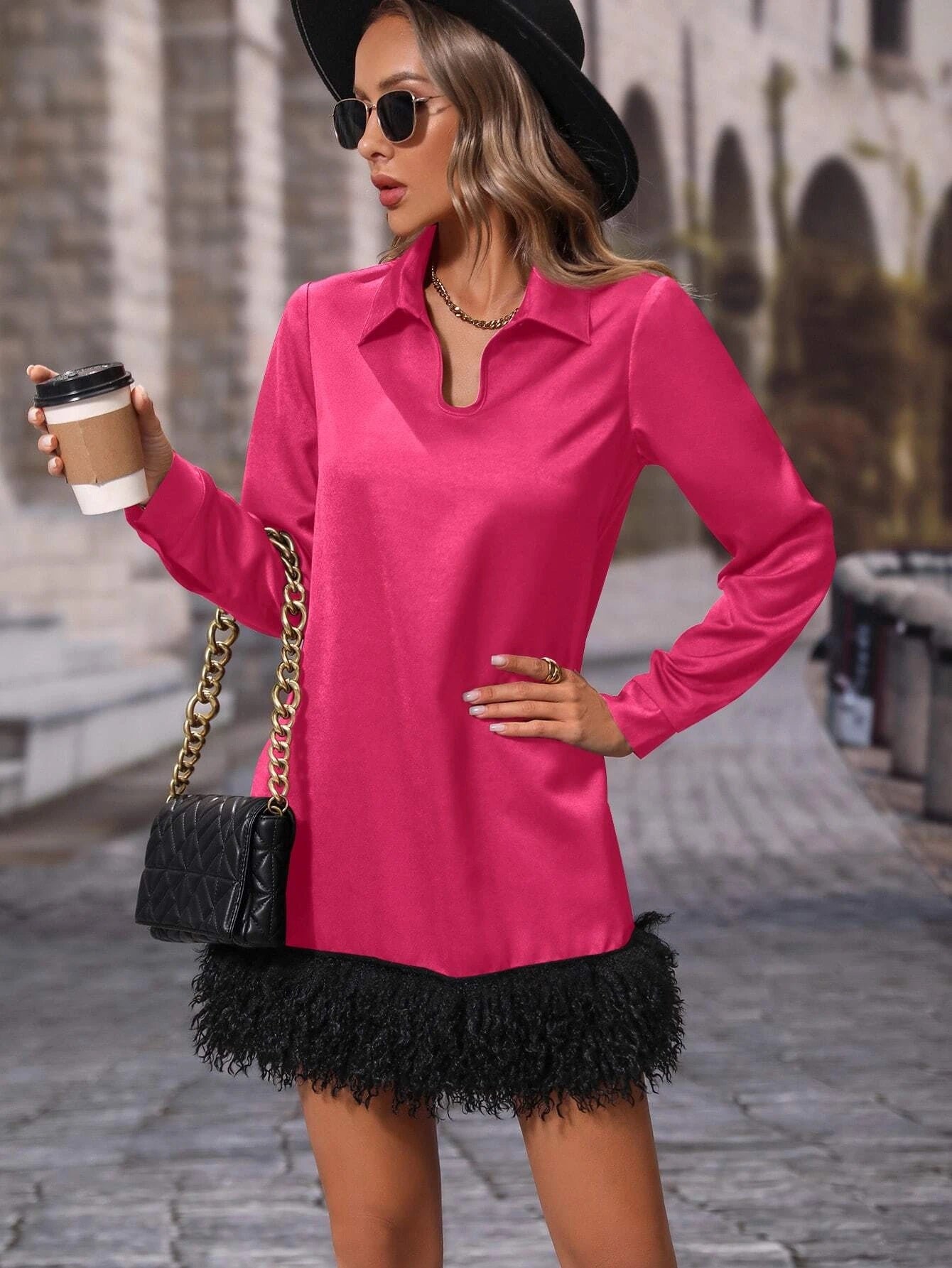 CM-DS005805 Women Elegant Seoul Style Collar Neckline Solid Fuzzy Hem Tunic Dress - Hot Pink