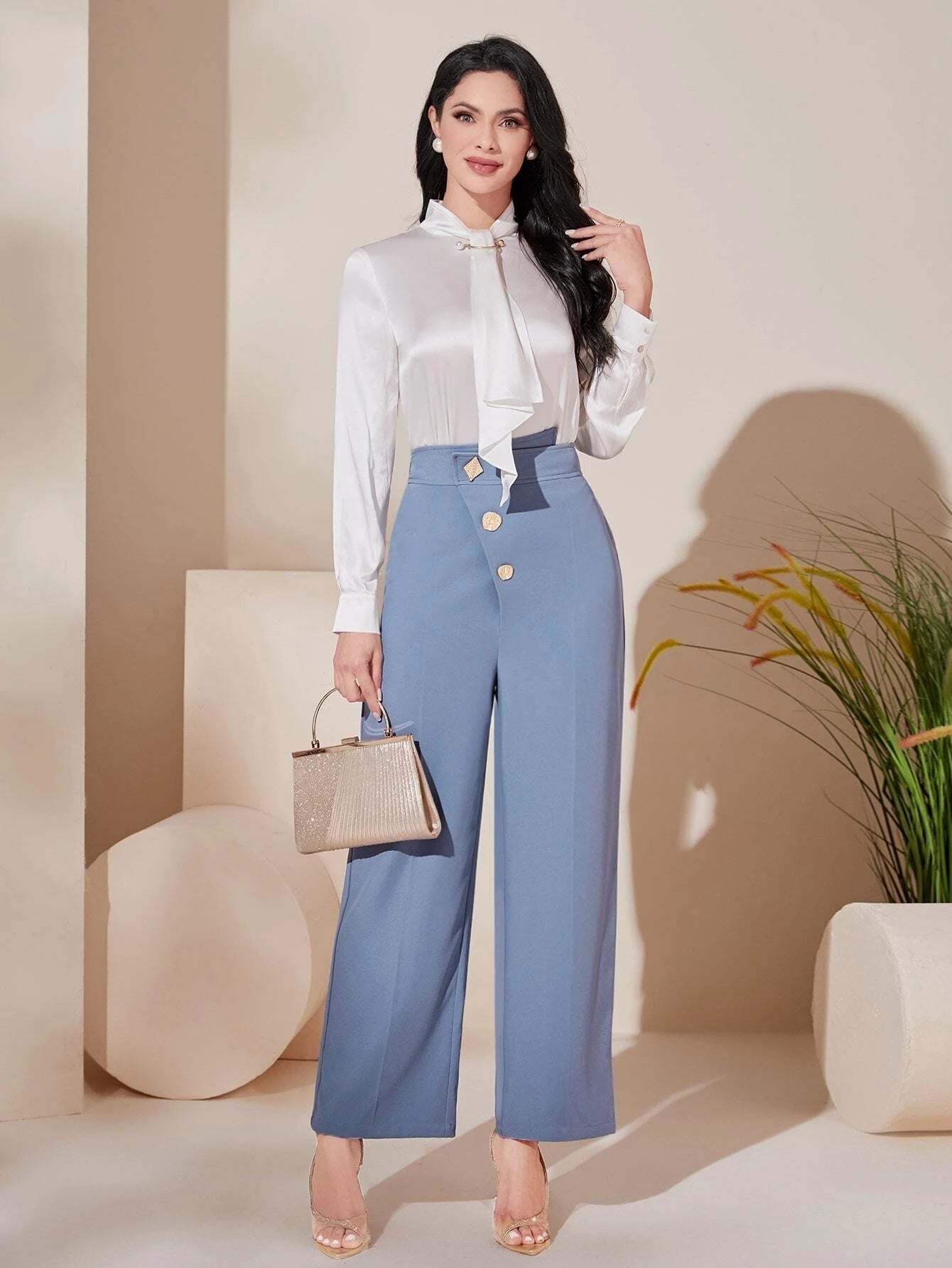 CM-BS441225 Women Elegant Seoul Style Asymmetrical Waist Button Front Wide Leg Pants