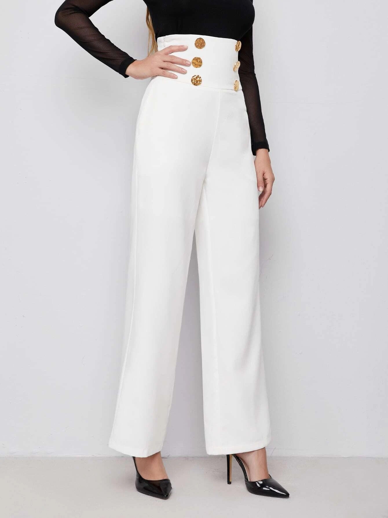 CM-BS125410 Women Elegant Seoul Style Double Breasted Wide Waistband Pants - White