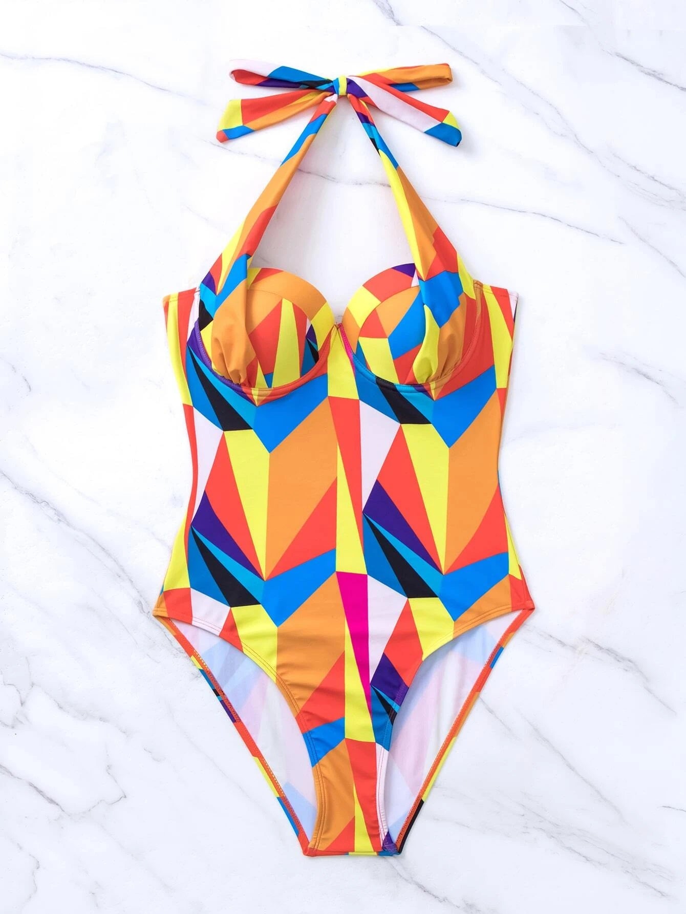 CM-SWS165212 Women Trendy Seoul Style Patchwork Print Push Up One Piece Swimsuit