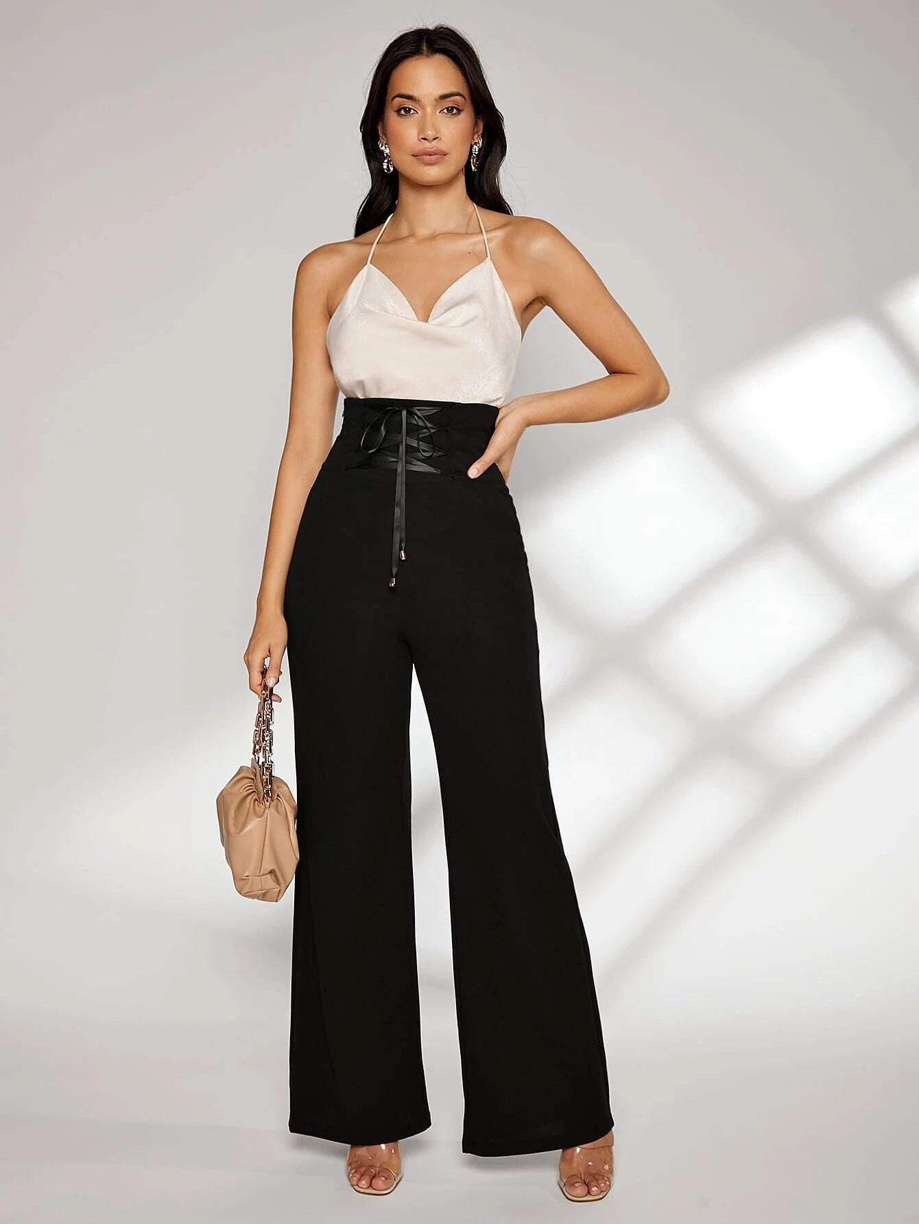 CM-BS521764 Women Elegant Seoul Style Lace Up Wide Waistband Palazzo Pants - Black