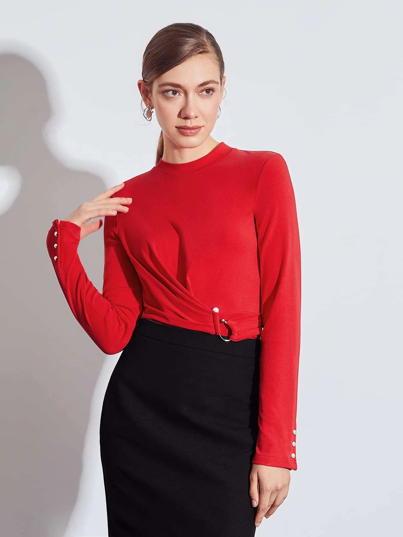 CM-TS599930 Women Elegant Seoul Style Mock Neck Gathered Long Sleeve Shirt - Red