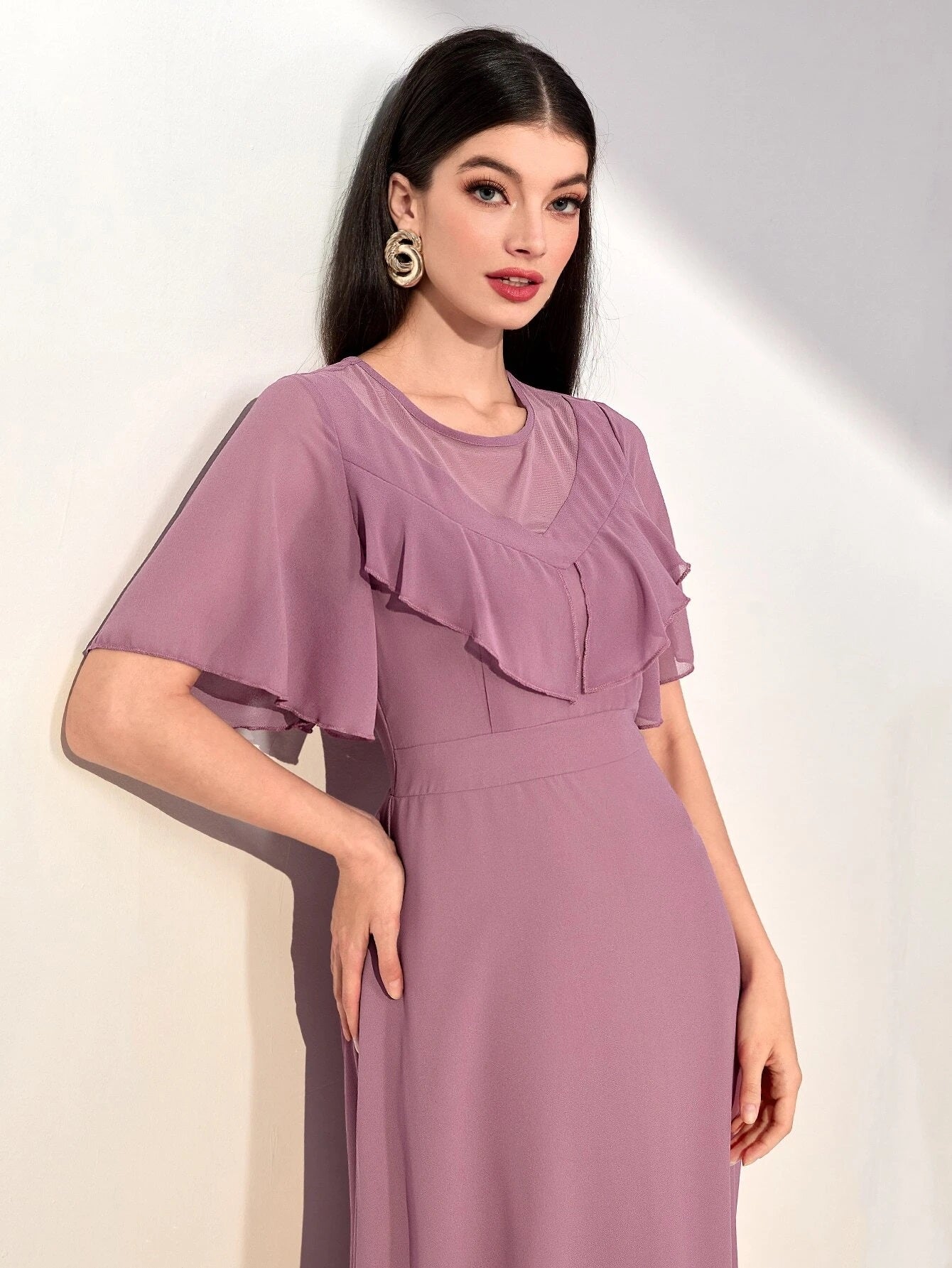 CM-DS403387 Women Elegant Seoul Style Round Neck Solid Ruffle Trim Dress - Mauve Purple