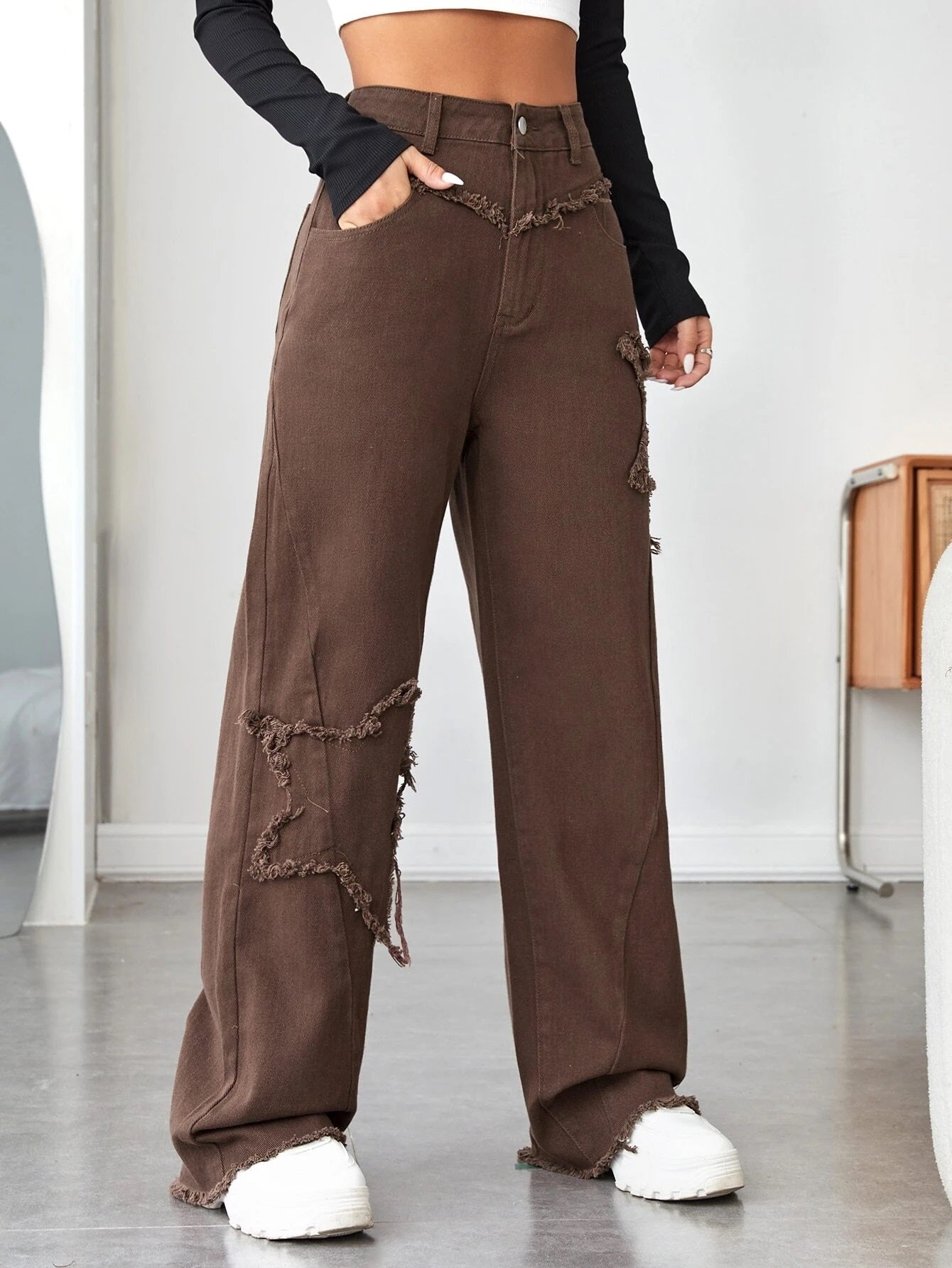 CM-BS571791 Women Casual Seoul Style High Waist Raw Trim Wide Leg Jeans - Coffee Brown