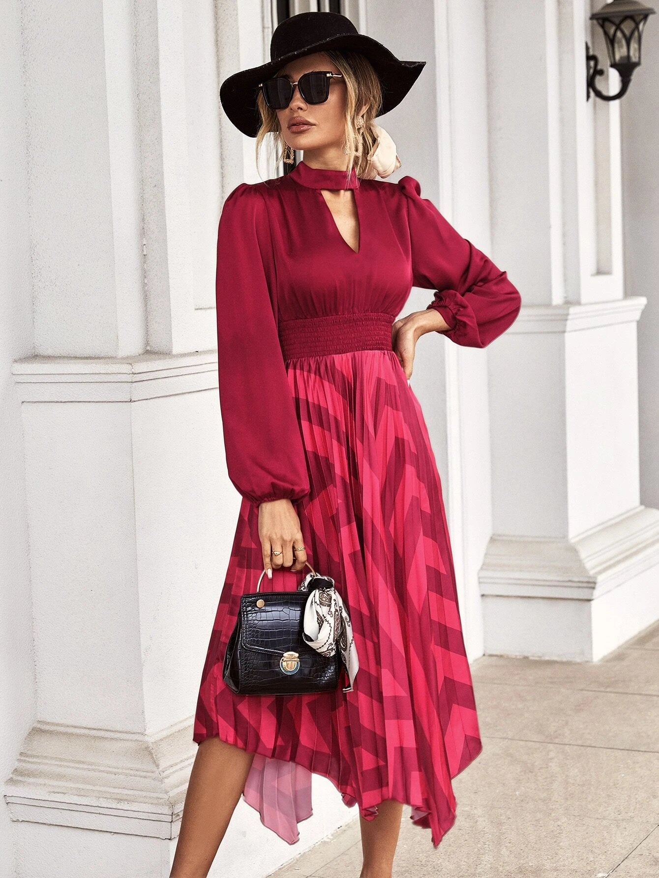 CM-DS447499 Women Casual Seoul Style Print Keyhole Neckline Shirred Waist Pleated Hem Satin Dress
