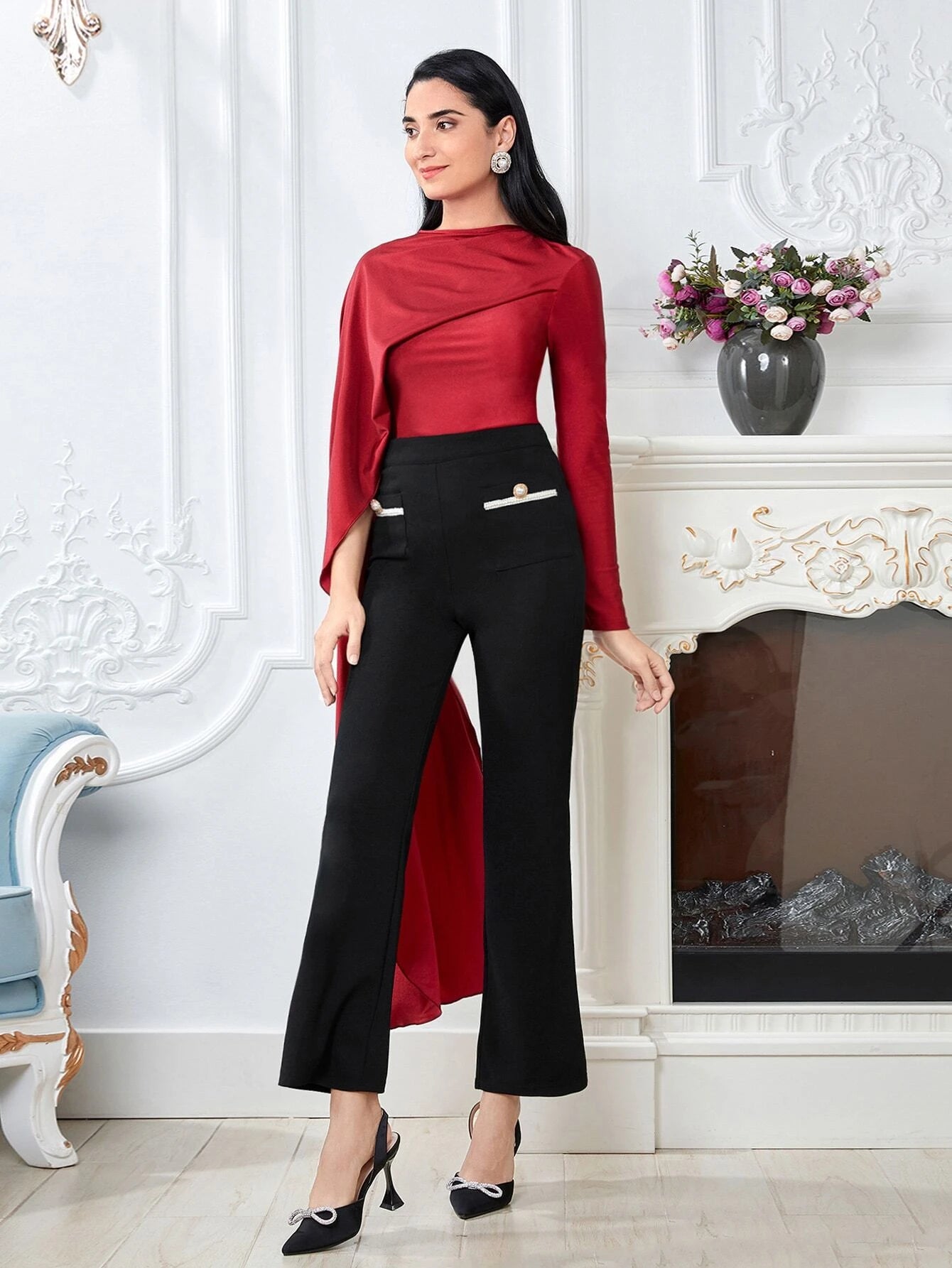 CM-TS083138 Women Elegant Seoul Style Lettuce Trim Asymmetrical Split Sleeve Top - Burgundy