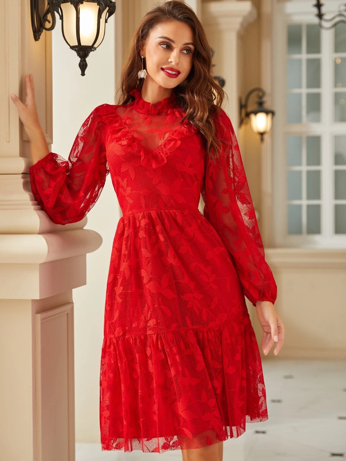 CM-DS620331 Women Elegant Seoul Style Lantern Sleeve Ruffle Hem Mesh Overlay Dress - Red