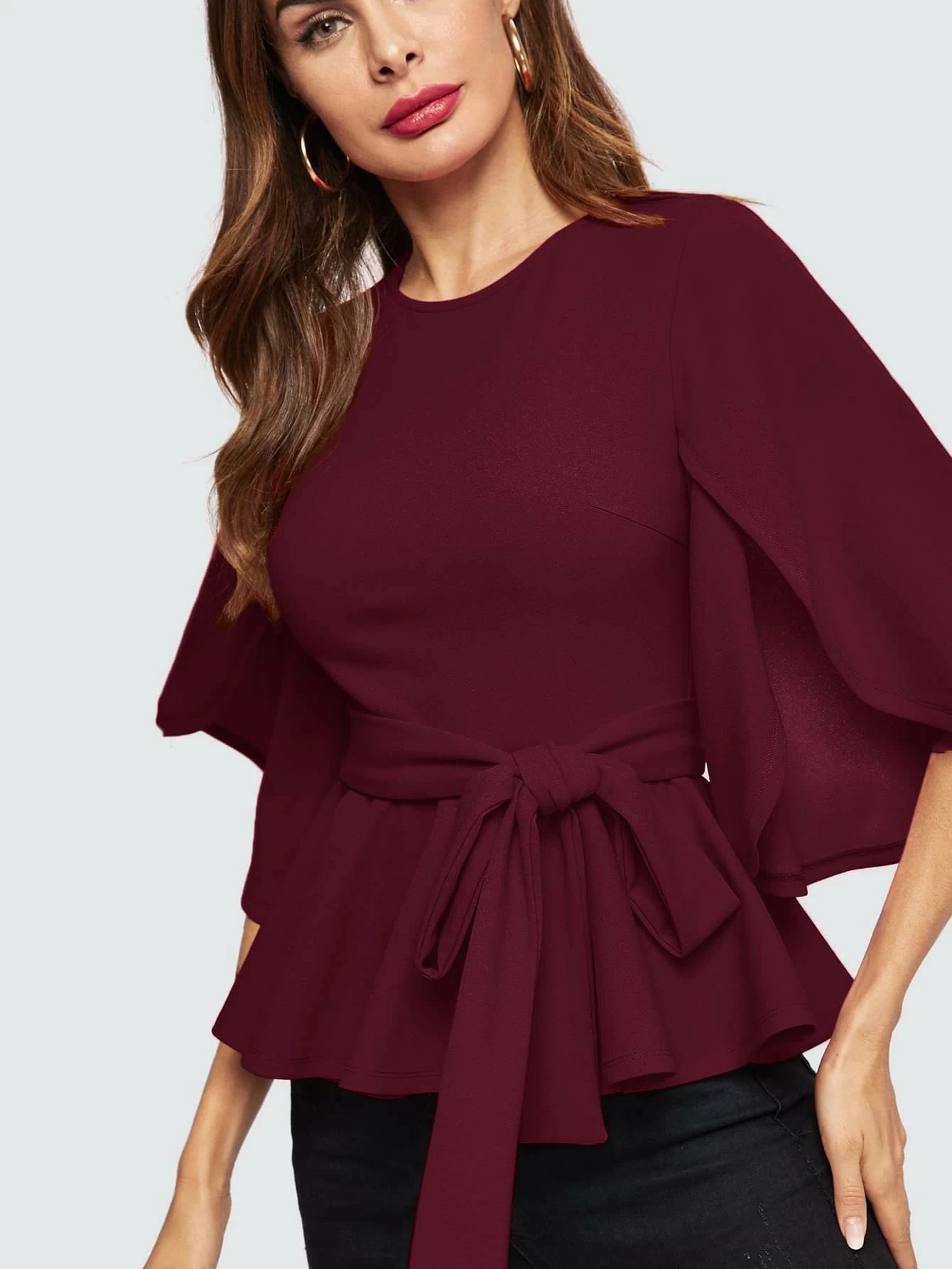 CM-TS823564 Women Casual Seoul Style Split Sleeve Belted Peplum Top - Burgundy